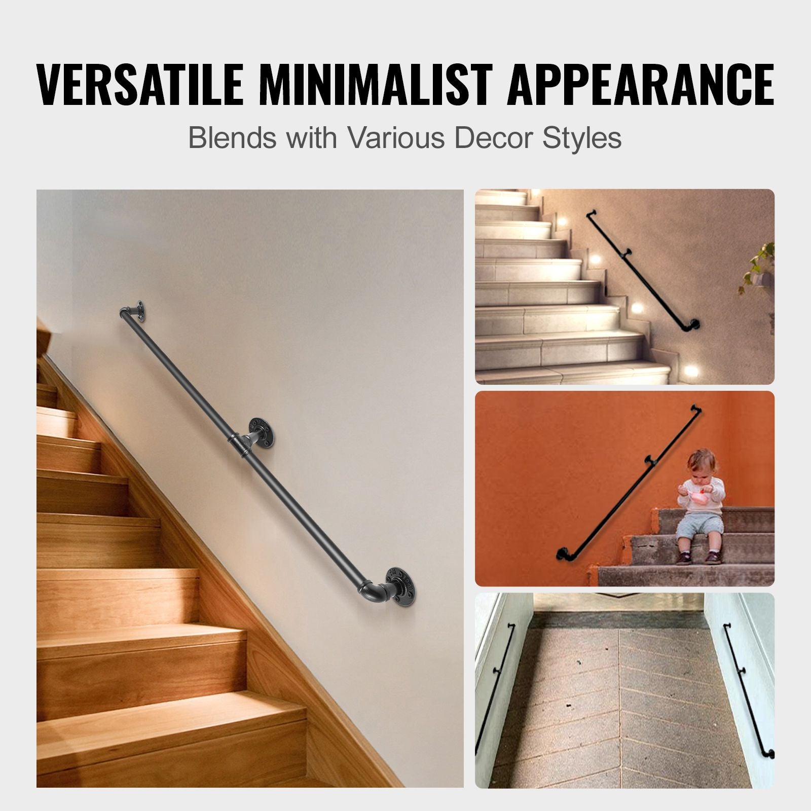 1.8m Pipe Stair Handrail Carbon Steel 200kg Wall Mounted Matte Black