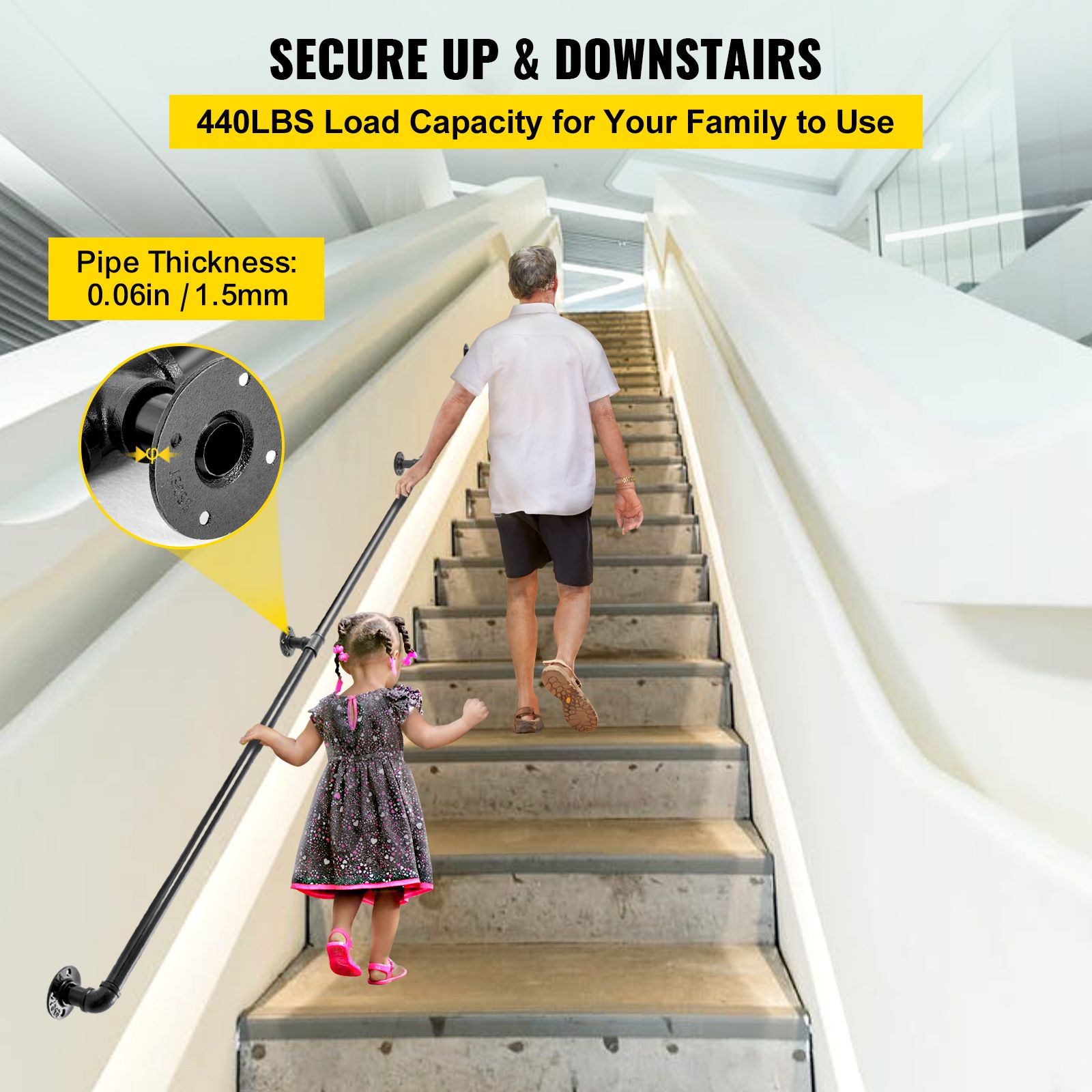 9FT Carbon Steel Pipe Stair Handrail 440lbs Load Wall Mounted Railing