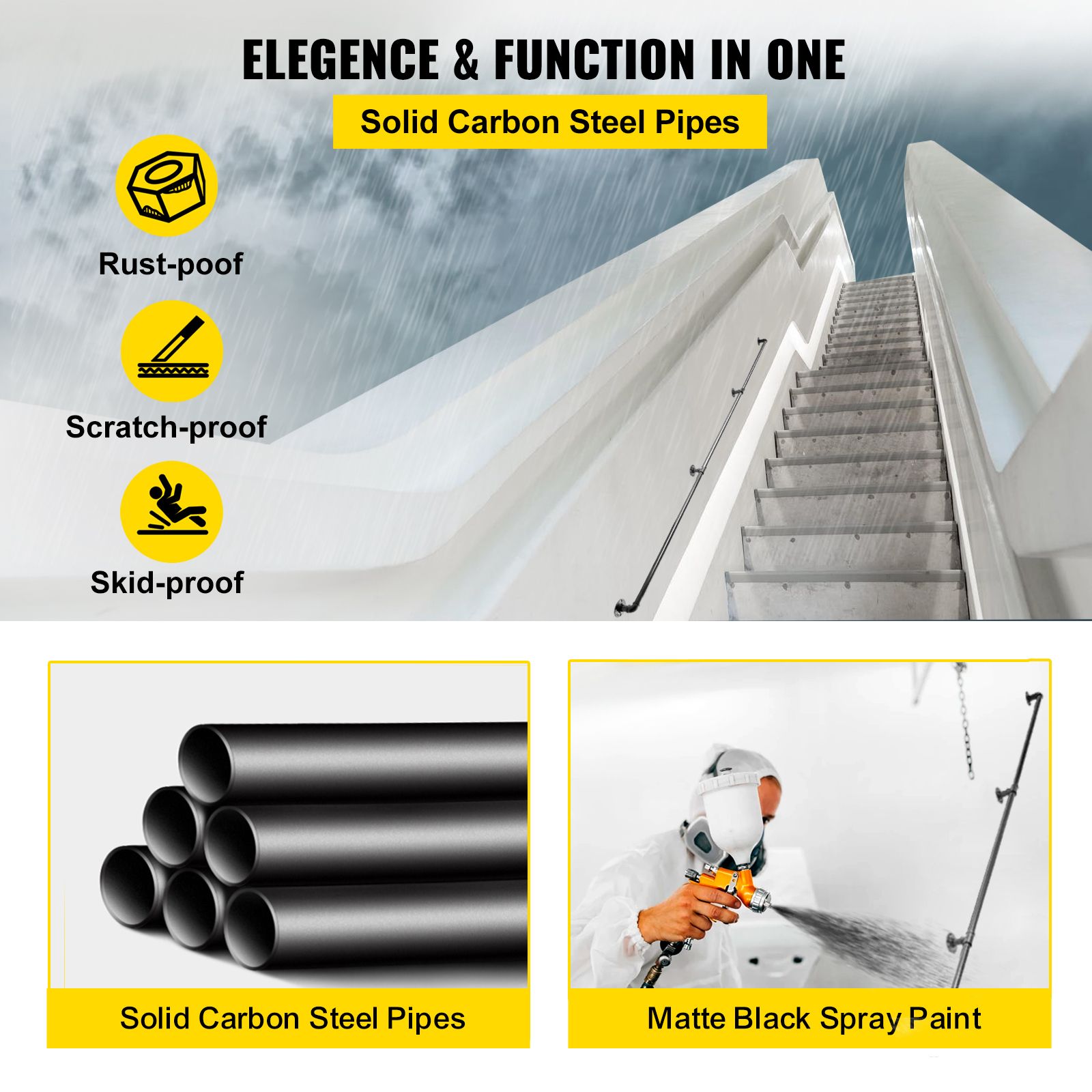 9FT Carbon Steel Pipe Stair Handrail 440lbs Load Wall Mounted Railing