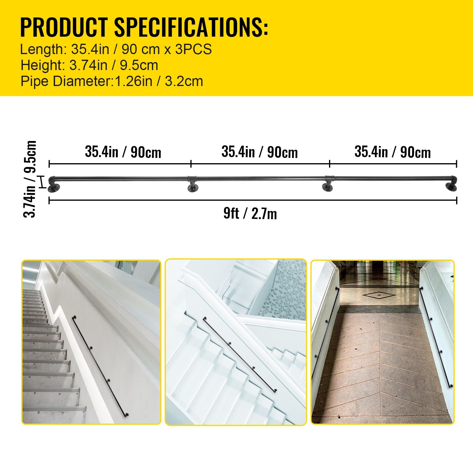 9FT Carbon Steel Pipe Stair Handrail 440lbs Load Wall Mounted Railing
