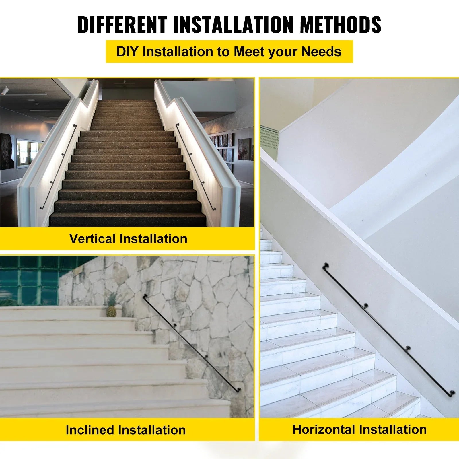 Pipe Stair Handrail, 9FT Staircase Handrail, 440LBS Load Capacity Carbon Steel Pipe Handrail, Industrial Pipe Handrail with Wall Mount Support, Round Corner Wall Handrailings for Indoor, Outdoor