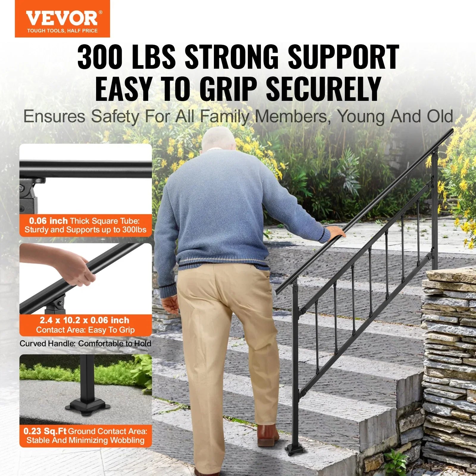 Iron Handrail Stair Railing Hand Rail Kit 1-4 Steps Outdoor Black w/ Bars