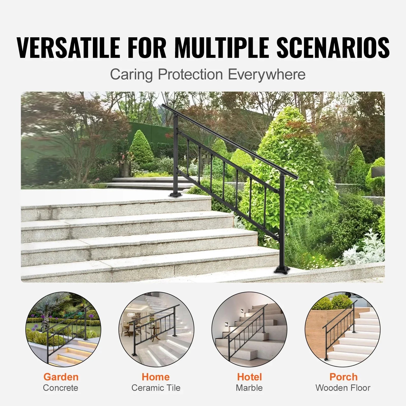 Iron Handrail Stair Railing Hand Rail Kit 1-4 Steps Outdoor Black w/ Bars
