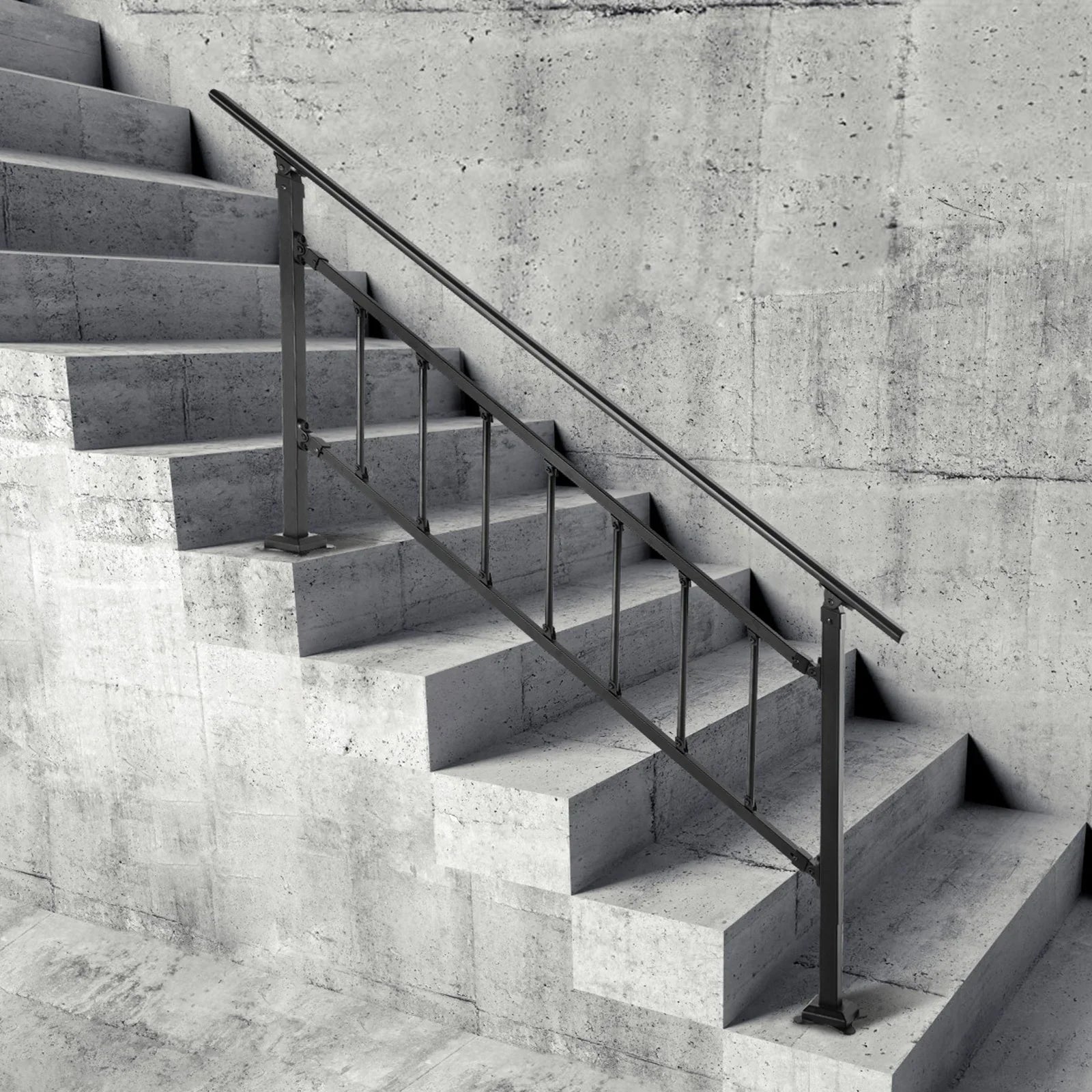 Iron Handrail Stair Railing Hand Rail Kit 1-4 Steps Outdoor Black w/ Bars