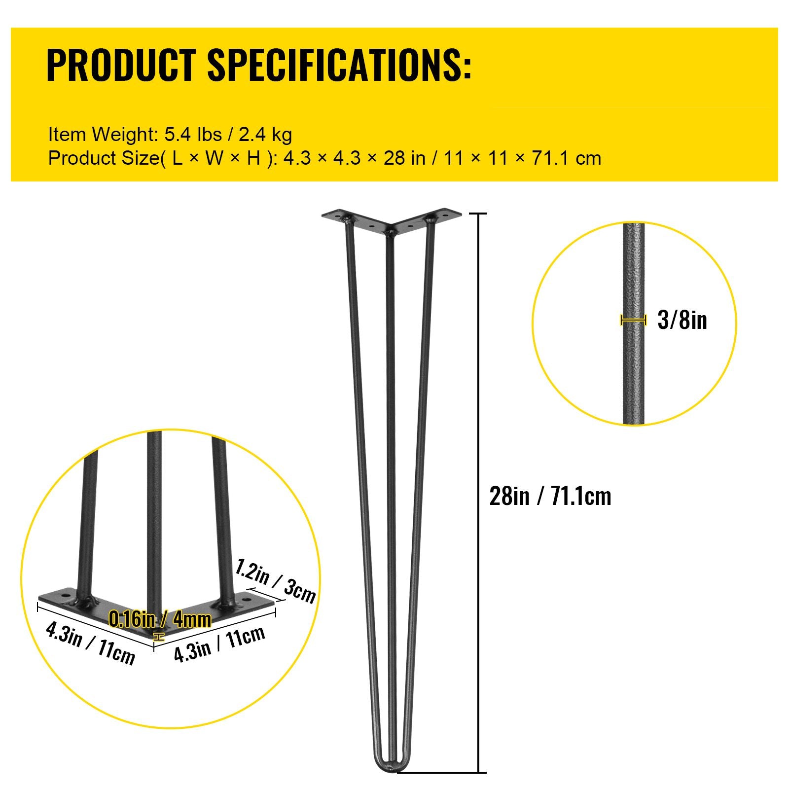 Hairpin Table Legs 28 inch, Set of 4 DIY Desk Table Legs 3 Rods Heavy Duty
