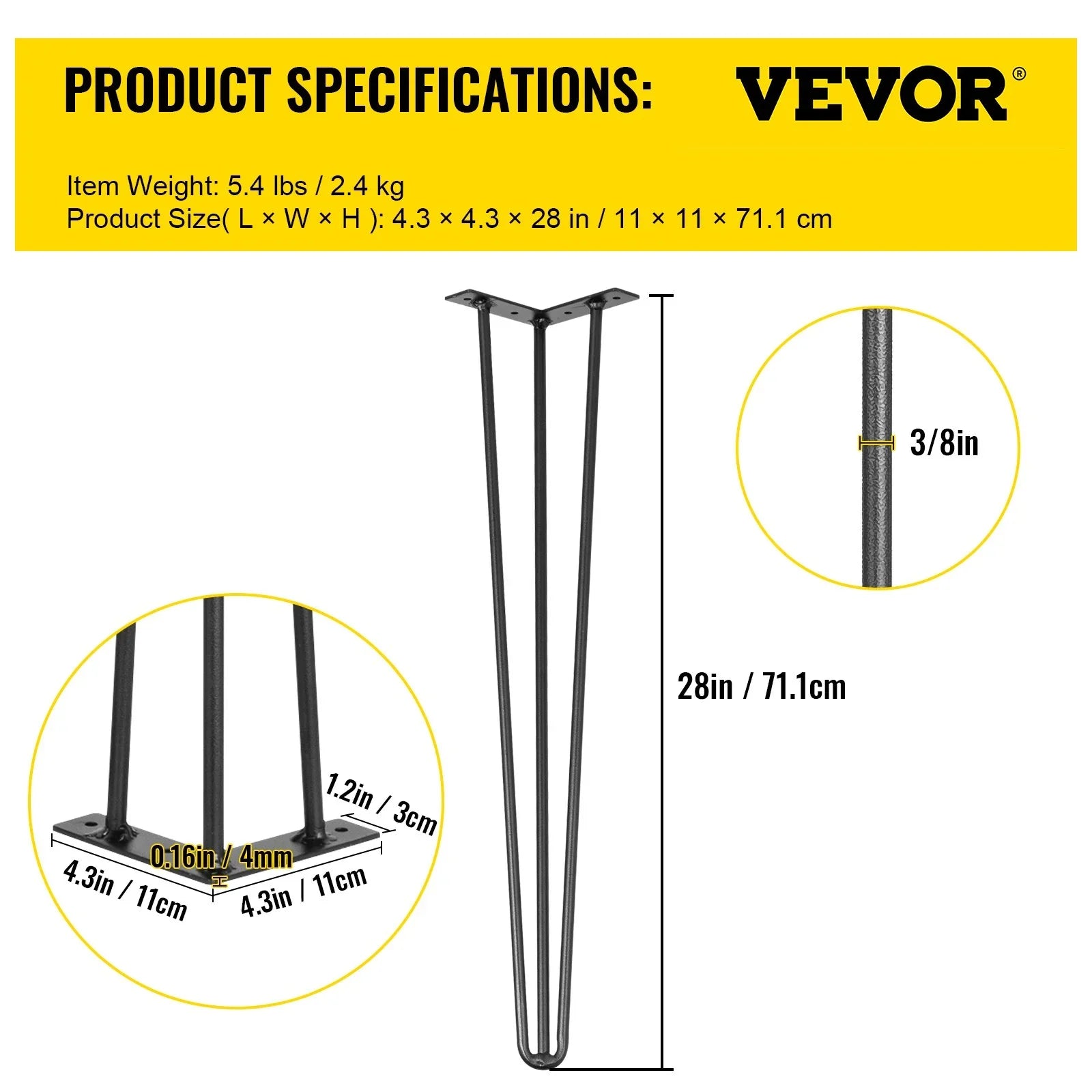 Hairpin Table Legs 28 inch, Set of 4 DIY Desk Table Legs 3 Rods Heavy Duty