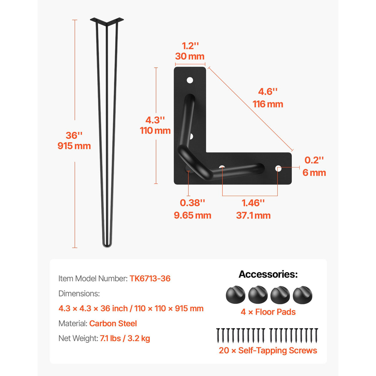 Set of 4 Hairpin Table Legs 36-Inch Heavy Duty DIY Desk Legs, 3-Rod Set