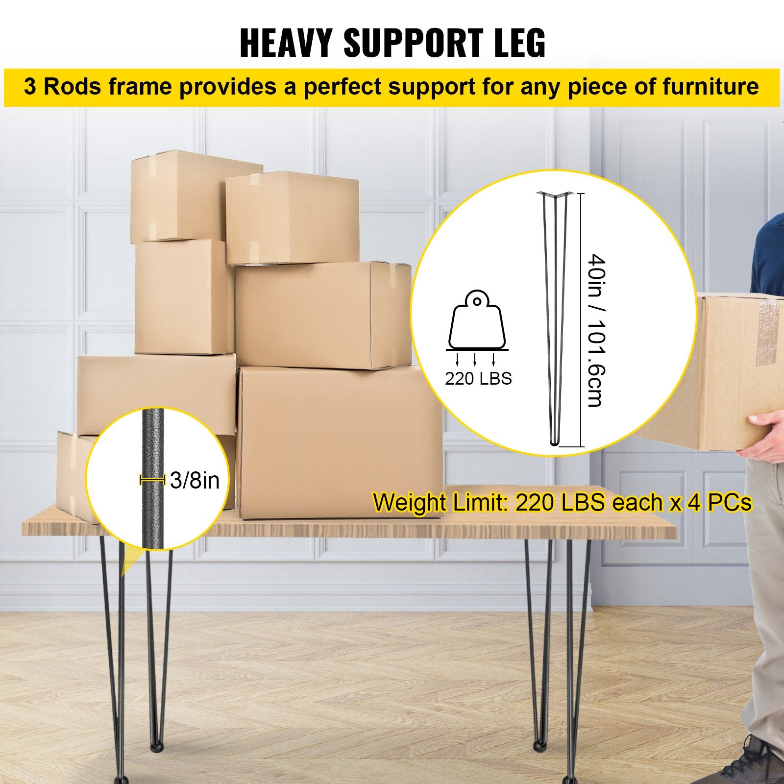 Hairpin Table Legs 40 inch, Set of 4 DIY Desk Table Legs 3 Rods Heavy Duty