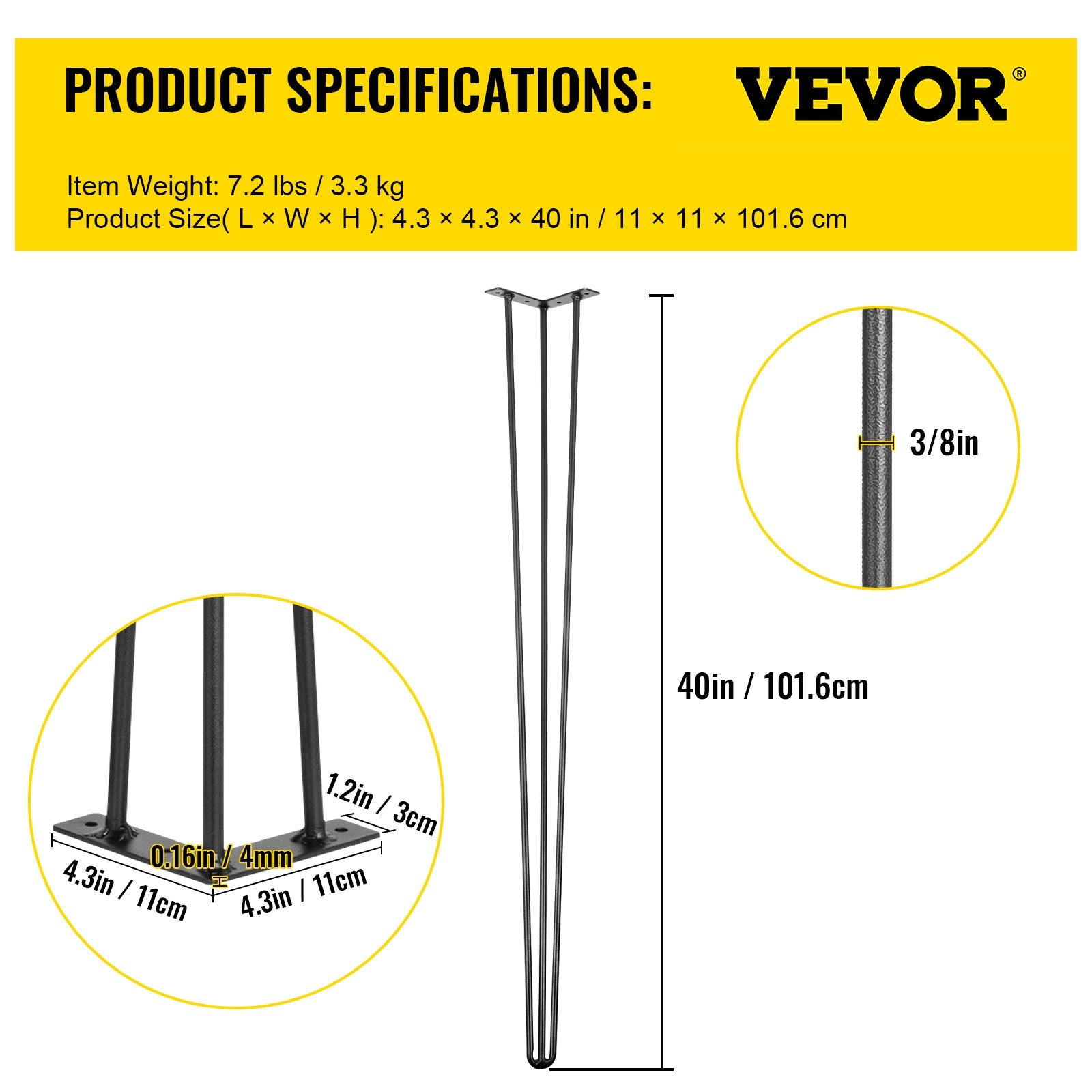 Hairpin Table Legs 40 inch, Set of 4 DIY Desk Table Legs 3 Rods Heavy Duty