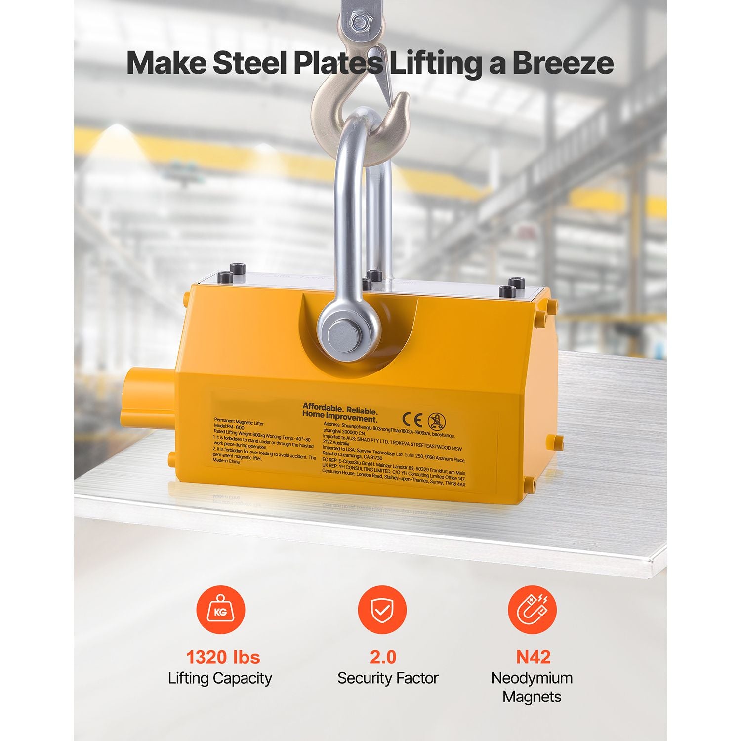 600kg Permanent Magnetic Lifter N42 Neodymium Steel Plate Lifting Magnet