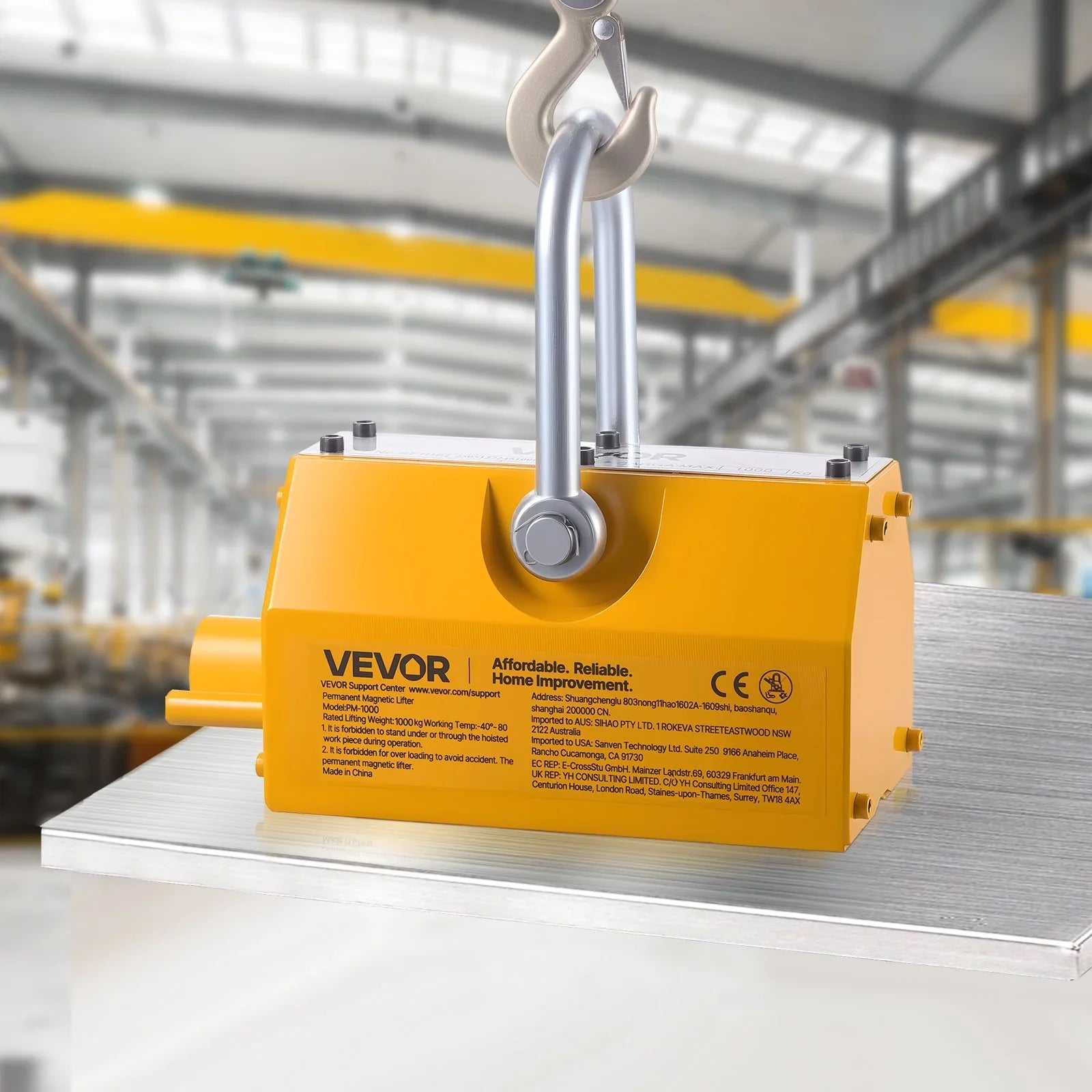 Permanent Magnetic Lifter, 1000 kg Pulling Capacity, Heavy Duty N42 Neodymium Lifting Magnet with Release Handle and Steel Hook, Used in Shop Crane and Hoist, for Lifting Plate Steel, Board