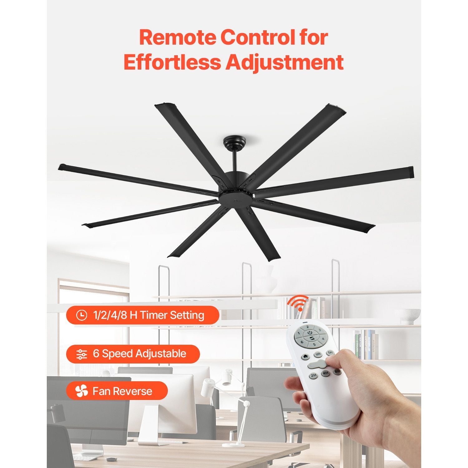 213 cm Ceiling Fan No Light, 6-Speed Remote Control, Aluminum 8-Blade, Reversible DC Motor, Modern Low Profile Flush Mount Exterior Fan for Bedroom, Living Room, Patio, Indoor/Outdoor, Black