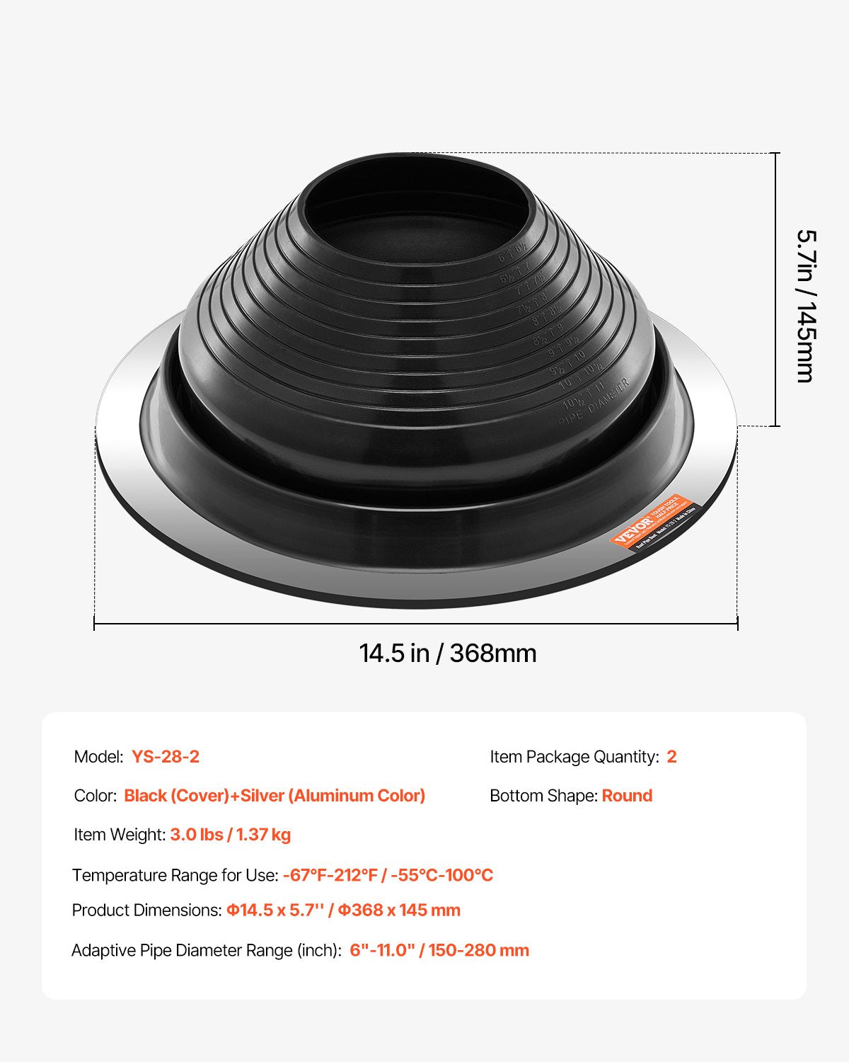 2 Pcs Metal Roof Pipe Flashing Boots Fit 150-280 mm Pipe High Temp EDPM