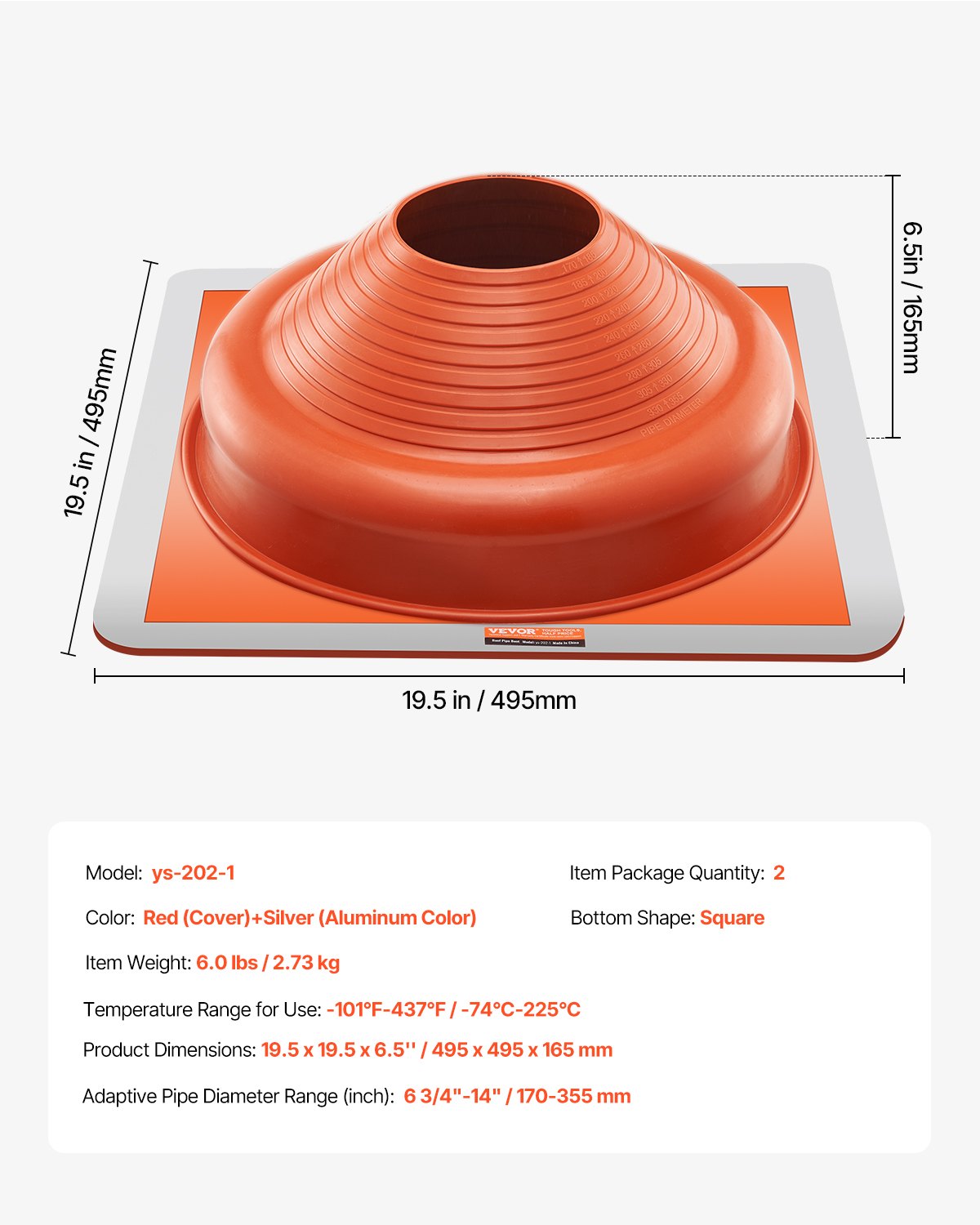 2 Pcs Metal Roof Pipe Flashing Boot Fit 170-355 mm Pipe High Temp Silicone