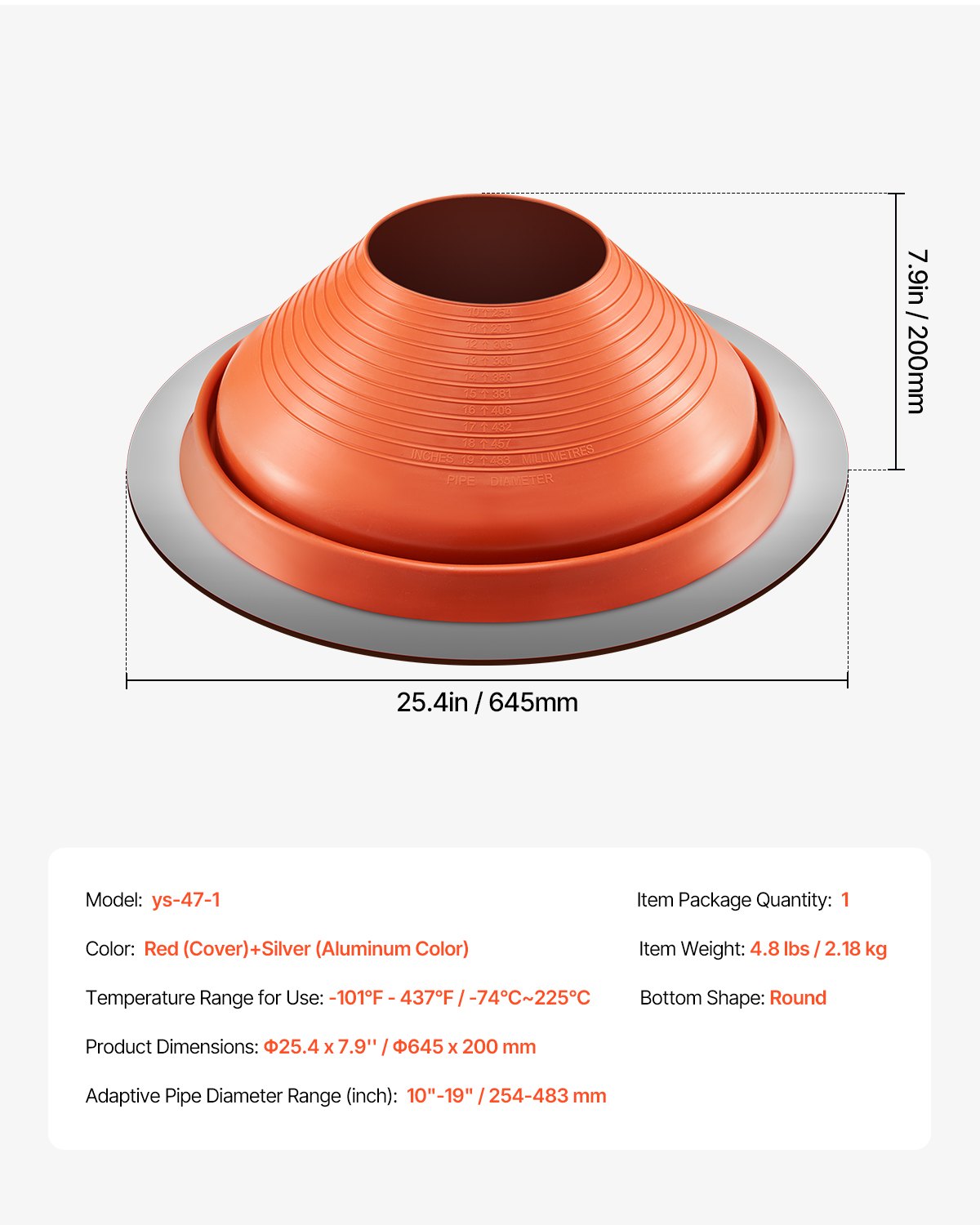 Metal Roof Pipe Flashing Boot Fits 254-483 mm Pipe High Temp Red Silicone
