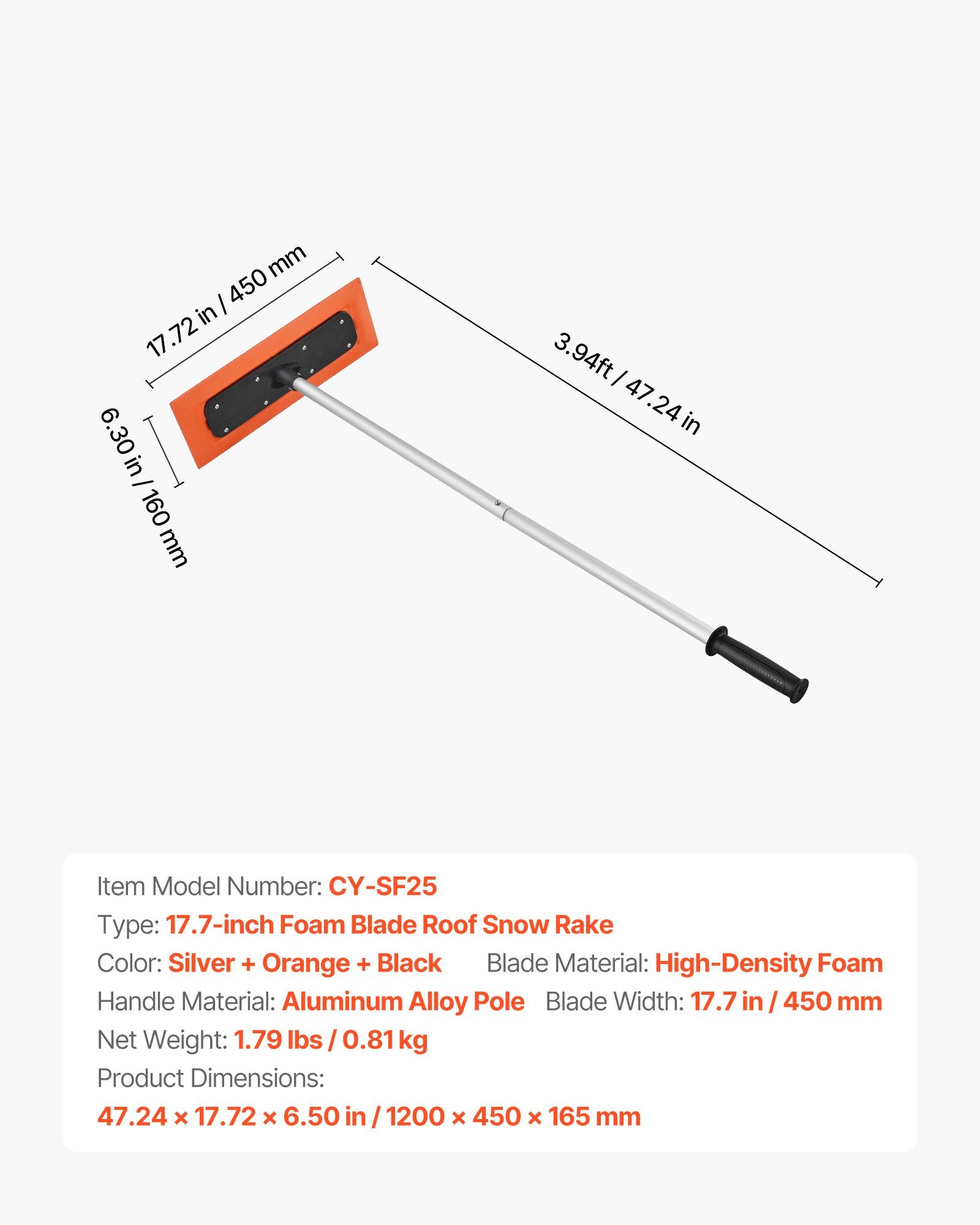 Snow Roof Rake, 1.2m Long Reach Car Roof Snow Scraper, 45cm Foam Blade for No Scratches, Non-Slip Handle, Lightweight Snows Removal Tool for Vehicle Garage Rooftop Leaves Debris Clearing