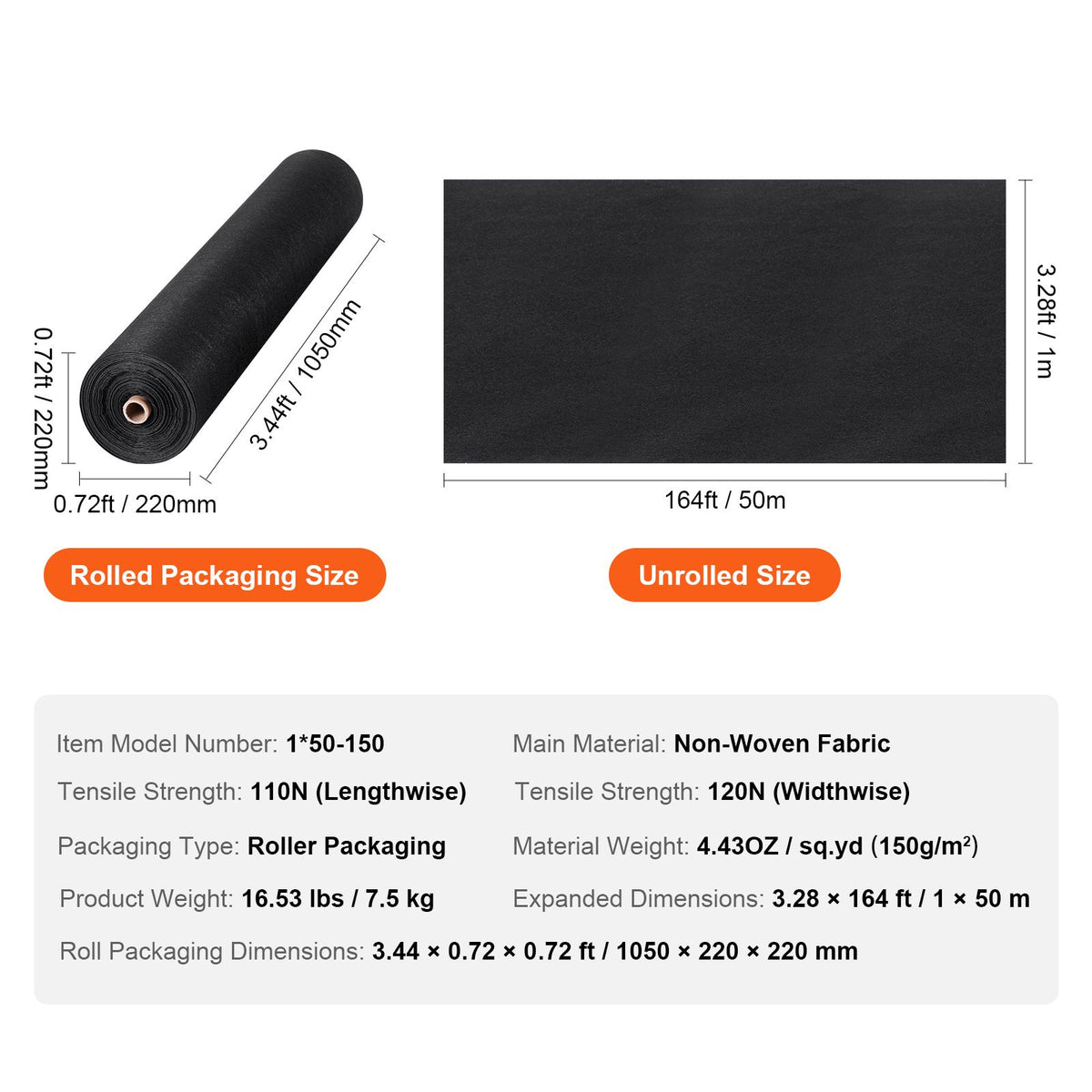 Driveway Fabric, 1*50m Non Woven Geotextile Fabric, Heavy Duty Garden Weed Barrier Fabric, 4.43OZ Landscape Fabric, French Drains Drainage Fabric, Ground Cover Weed Control Fabric,3.28 x 164 ft