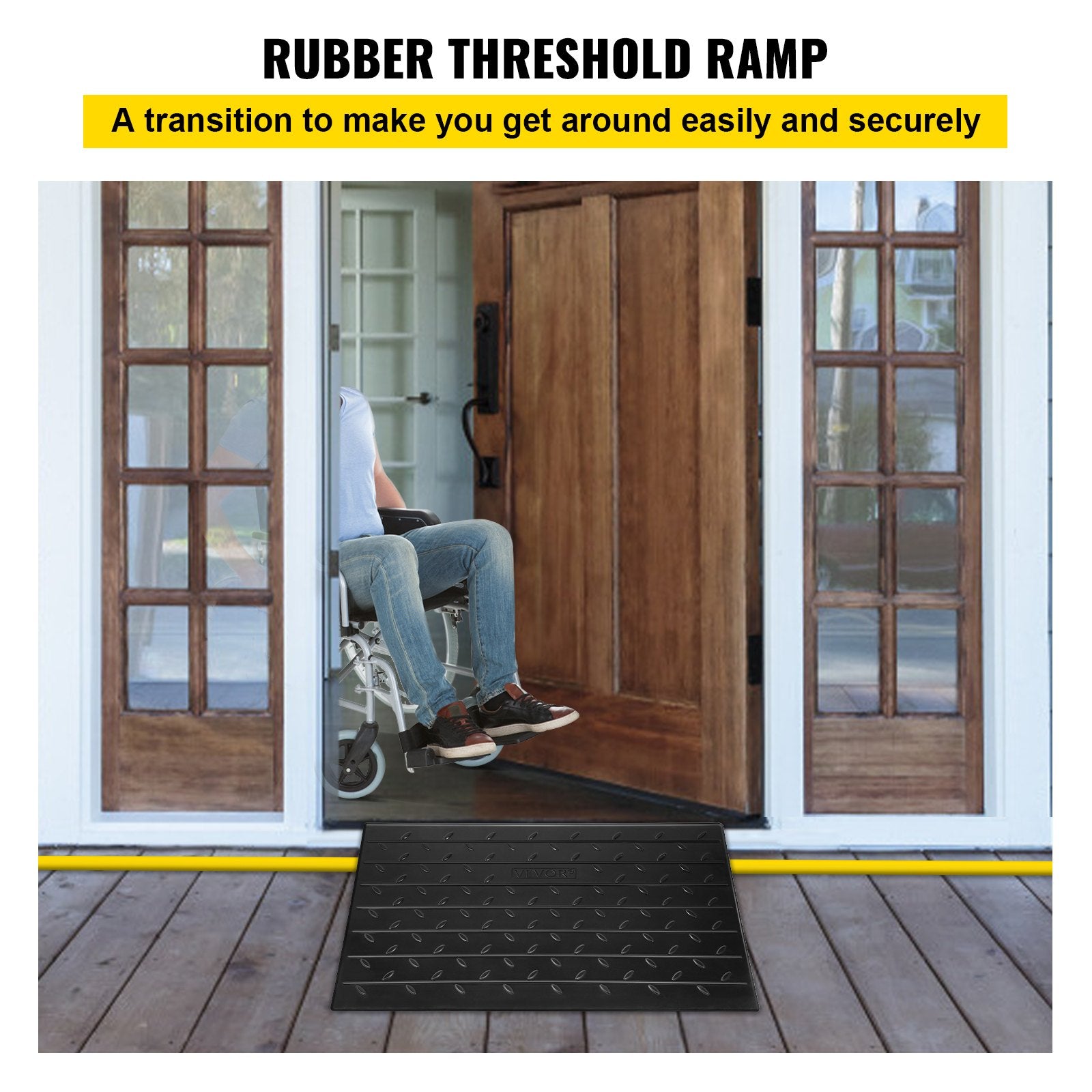 Rubber Threshold Ramp, 7.62 cm Rise Threshold Ramp Doorway, 3 Channels Cord Cover Rubber Solid Threshold Ramp, Rubber Angled Entry Rated 997.9 kg Load Capacity for Wheelchair and Scooter