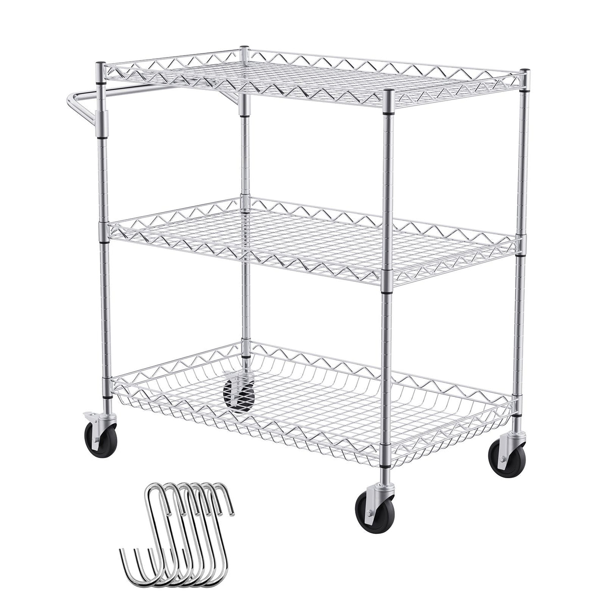 Kitchen Utility Cart, 3 Tiers, Wire Rolling Cart with 300kg Capacity, Steel Service Cart on Wheels, Metal Storage Trolley with 80mm Deep Basket Curved Handle 6 Hooks, for Indoor and Outdoor Use
