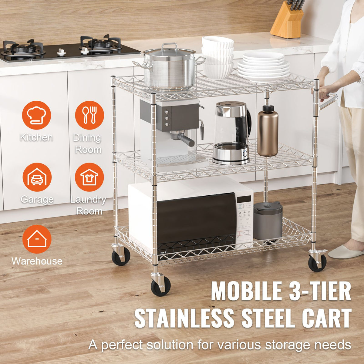 Kitchen Utility Cart, 3 Tiers, Wire Rolling Cart with 300kg Capacity, Steel Service Cart on Wheels, Metal Storage Trolley with 80mm Deep Basket Curved Handle 6 Hooks, for Indoor and Outdoor Use