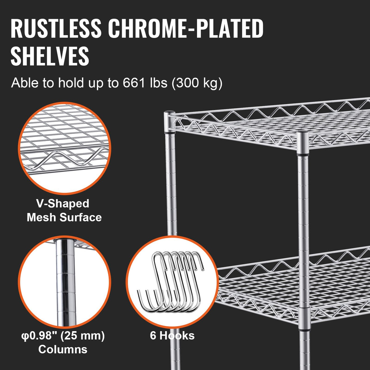 Kitchen Utility Cart, 3 Tiers, Wire Rolling Cart with 300kg Capacity, Steel Service Cart on Wheels, Metal Storage Trolley with 80mm Deep Basket Curved Handle 6 Hooks, for Indoor and Outdoor Use