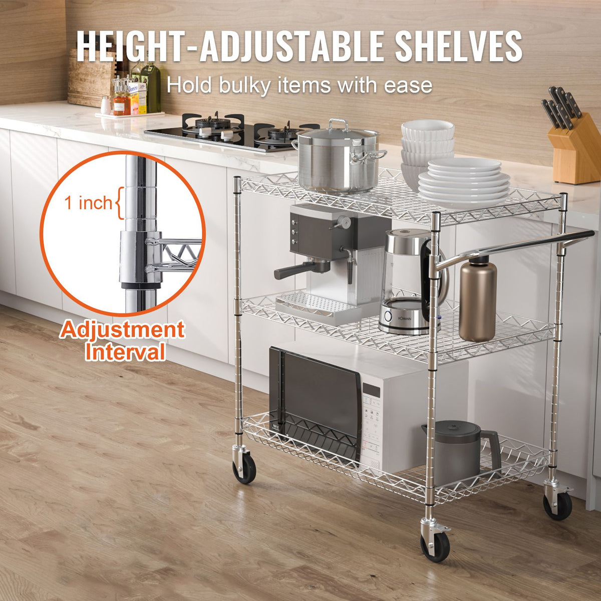 Kitchen Utility Cart, 3 Tiers, Wire Rolling Cart with 300kg Capacity, Steel Service Cart on Wheels, Metal Storage Trolley with 80mm Deep Basket Curved Handle 6 Hooks, for Indoor and Outdoor Use