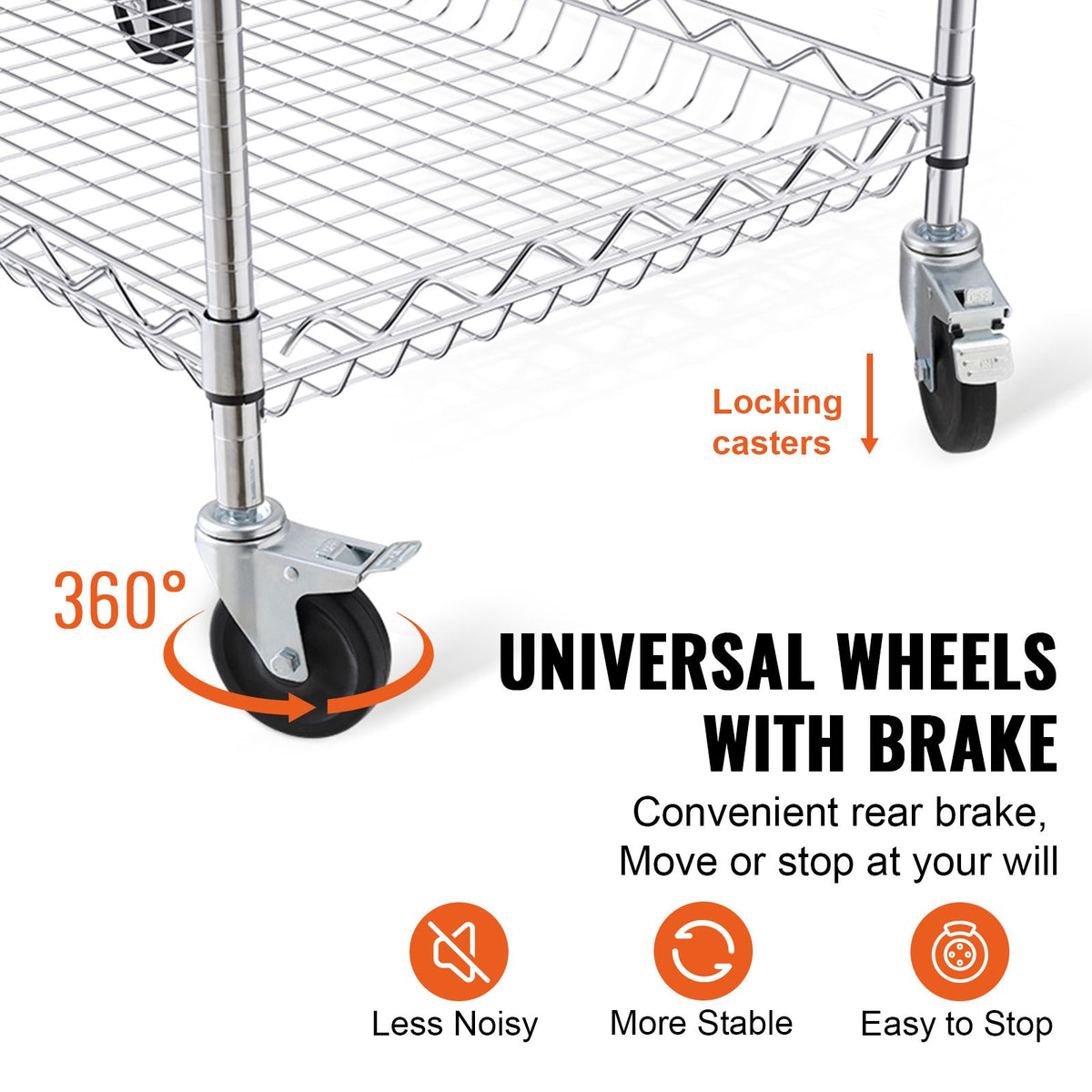 Kitchen Utility Cart, 3 Tiers, Wire Rolling Cart with 300kg Capacity, Steel Service Cart on Wheels, Metal Storage Trolley with 80mm Deep Basket Curved Handle 6 Hooks, for Indoor and Outdoor Use
