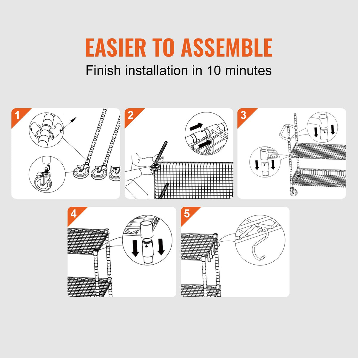 Kitchen Utility Cart, 3 Tiers, Wire Rolling Cart with 300kg Capacity, Steel Service Cart on Wheels, Metal Storage Trolley with 80mm Deep Basket Curved Handle 6 Hooks, for Indoor and Outdoor Use