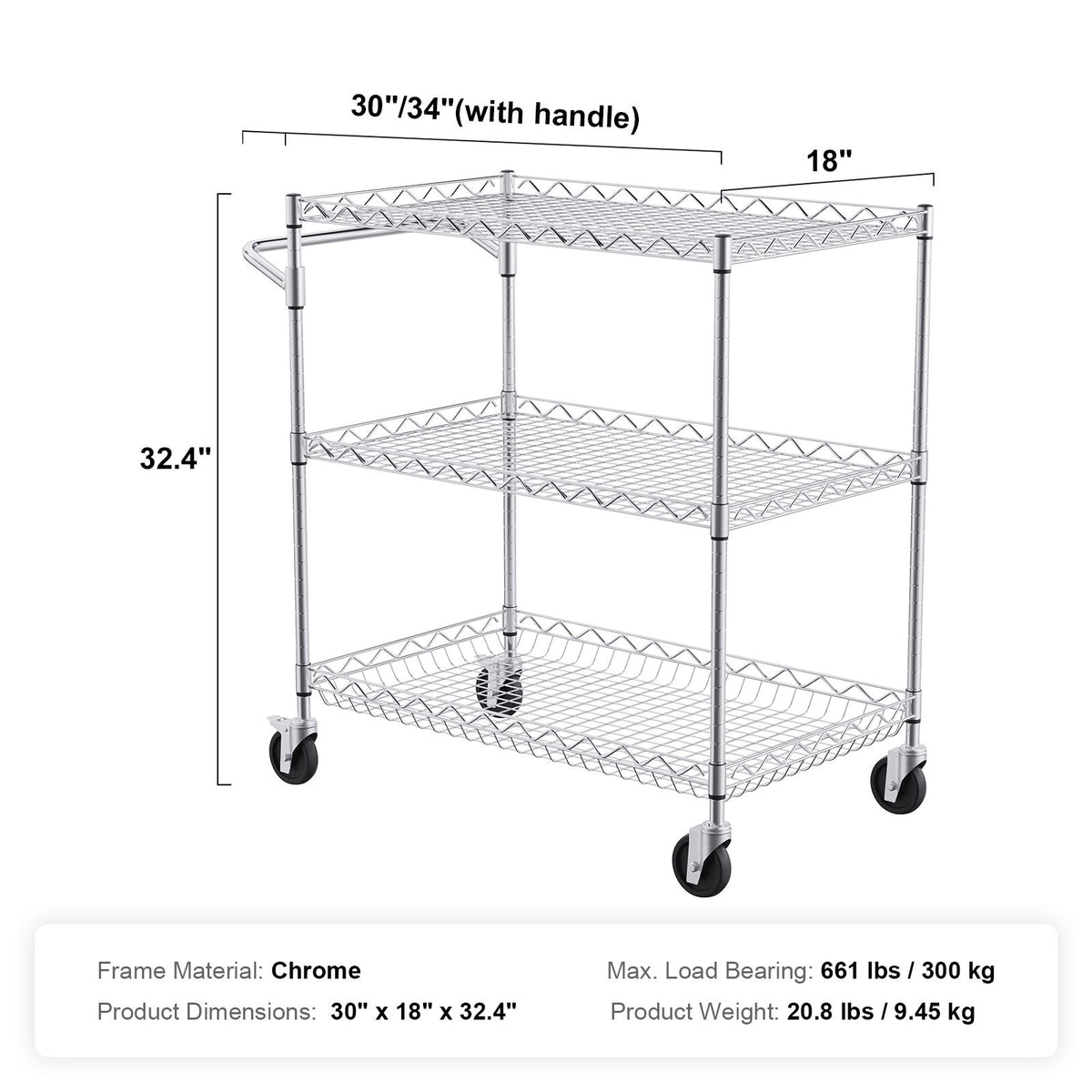 Kitchen Utility Cart, 3 Tiers, Wire Rolling Cart with 300kg Capacity, Steel Service Cart on Wheels, Metal Storage Trolley with 80mm Deep Basket Curved Handle 6 Hooks, for Indoor and Outdoor Use