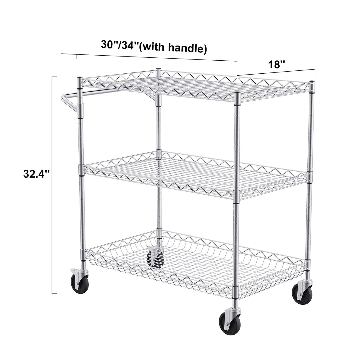 Kitchen Utility Cart, 3 Tiers, Wire Rolling Cart with 300kg Capacity, Steel Service Cart on Wheels, Metal Storage Trolley with 80mm Deep Basket Curved Handle 6 Hooks, for Indoor and Outdoor Use