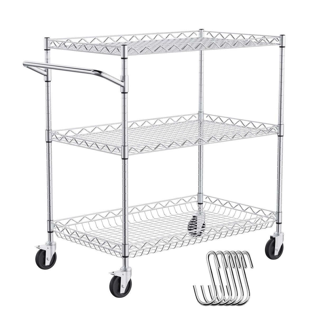 Kitchen Utility Cart, 3 Tiers, Wire Rolling Cart with 300kg Capacity, Steel Service Cart on Wheels, Metal Storage Trolley with 80mm Deep Basket Curved Handle 6 Hooks, for Indoor and Outdoor Use