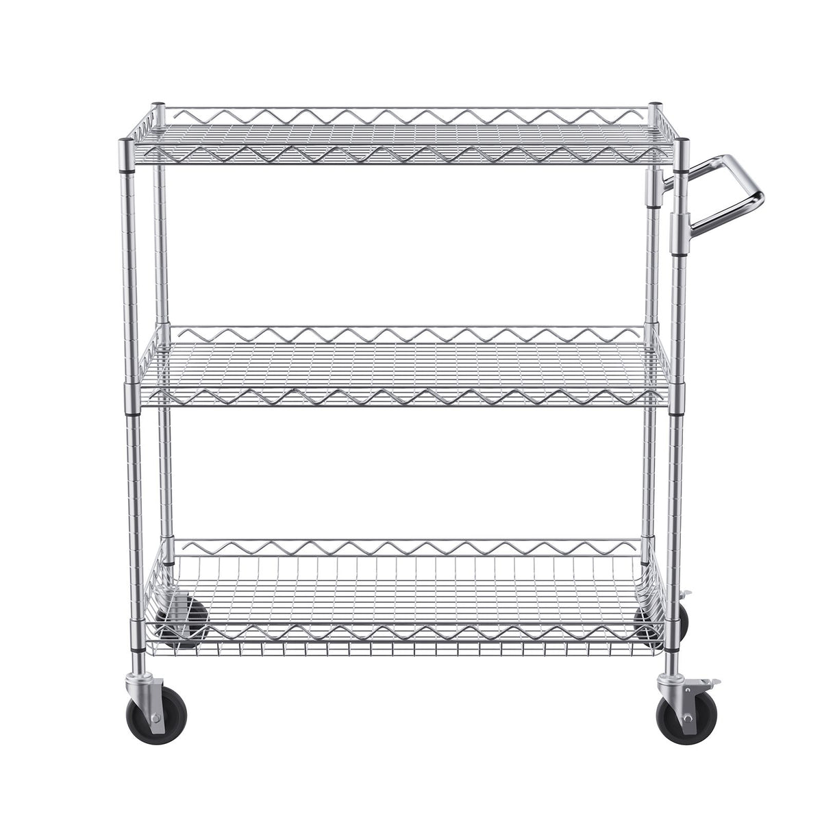 Kitchen Utility Cart, 3 Tiers, Wire Rolling Cart with 300kg Capacity, Steel Service Cart on Wheels, Metal Storage Trolley with 80mm Deep Basket Curved Handle 6 Hooks, for Indoor and Outdoor Use
