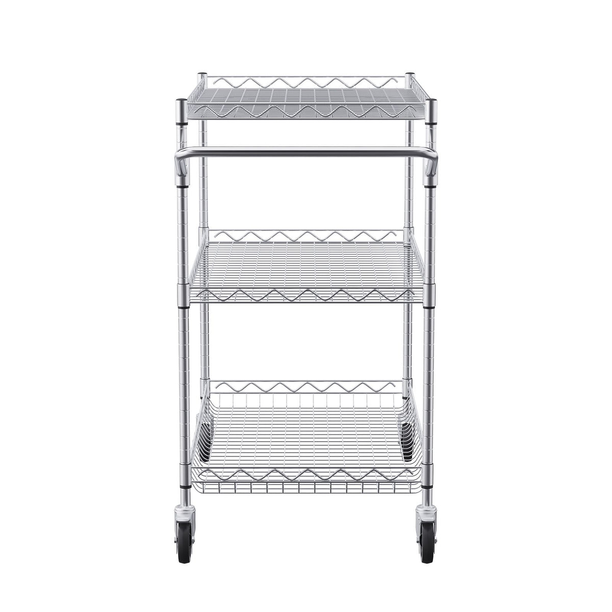 Kitchen Utility Cart, 3 Tiers, Wire Rolling Cart with 300kg Capacity, Steel Service Cart on Wheels, Metal Storage Trolley with 80mm Deep Basket Curved Handle 6 Hooks, for Indoor and Outdoor Use
