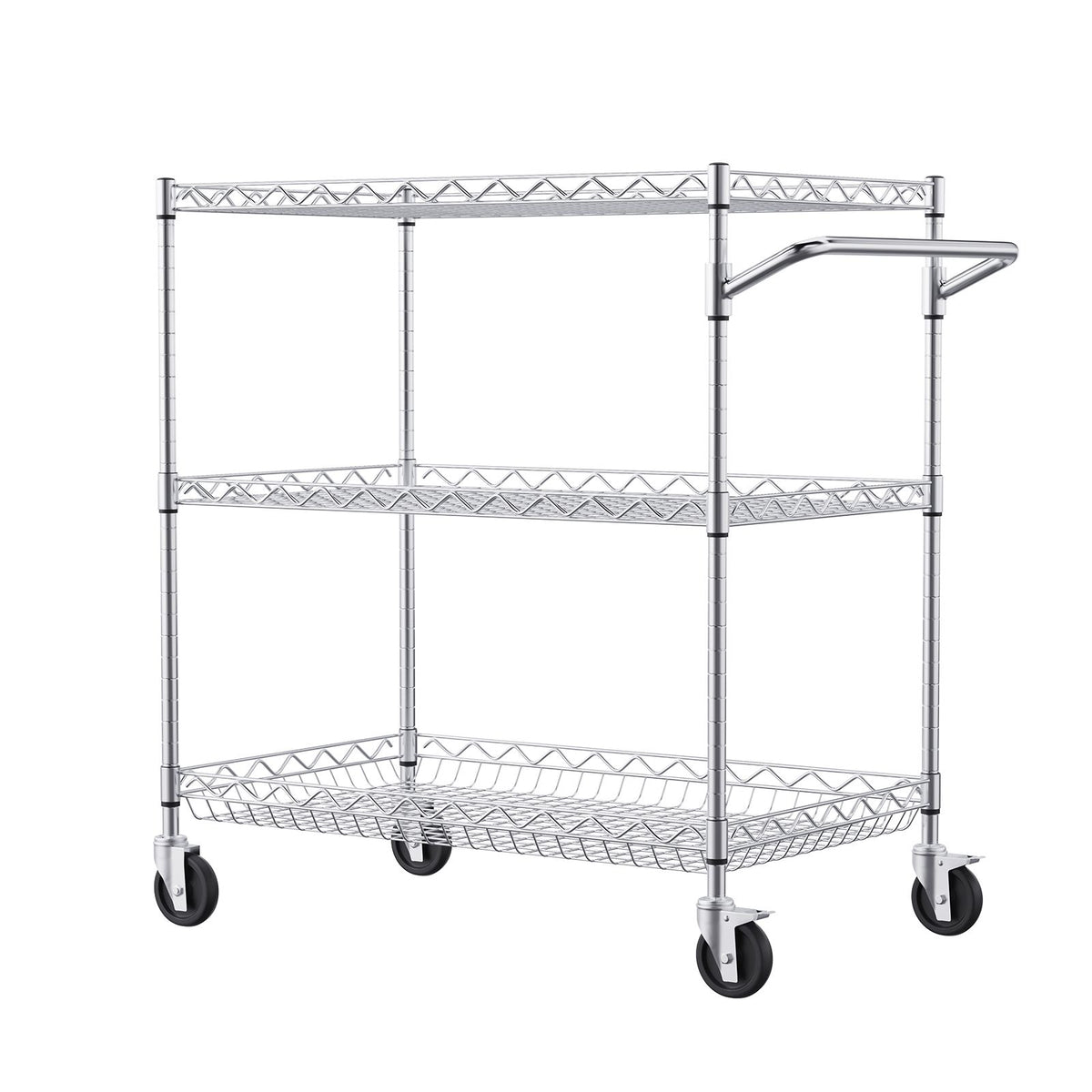 Kitchen Utility Cart, 3 Tiers, Wire Rolling Cart with 300kg Capacity, Steel Service Cart on Wheels, Metal Storage Trolley with 80mm Deep Basket Curved Handle 6 Hooks, for Indoor and Outdoor Use