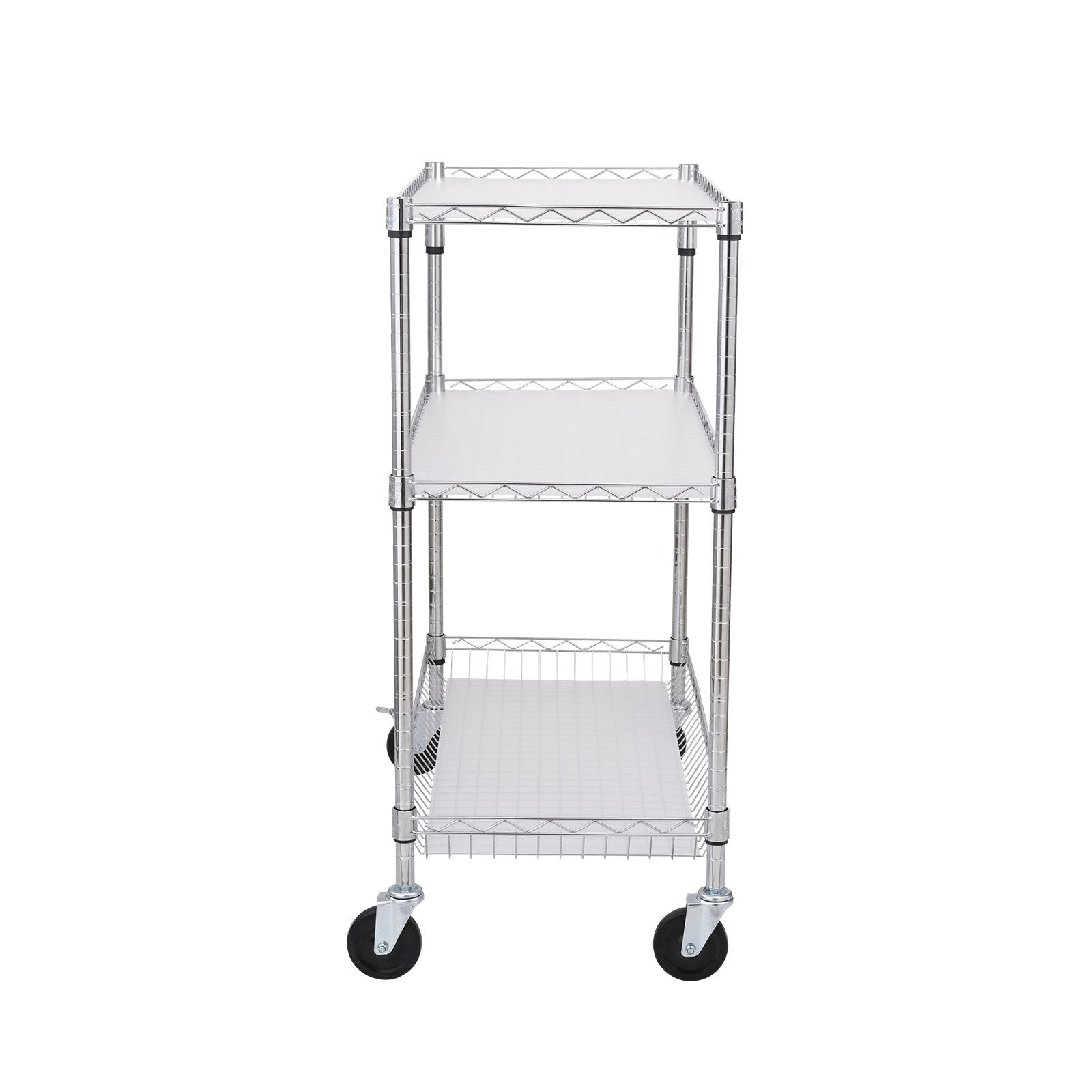 Kitchen Utility Cart, 3 Tiers, Wire Rolling Cart, Steel Service Cart on Wheels, Metal Storage Trolley with 80mm Basket Curved Handle PP Liner 6 Hooks, for Indoor and Outdoor