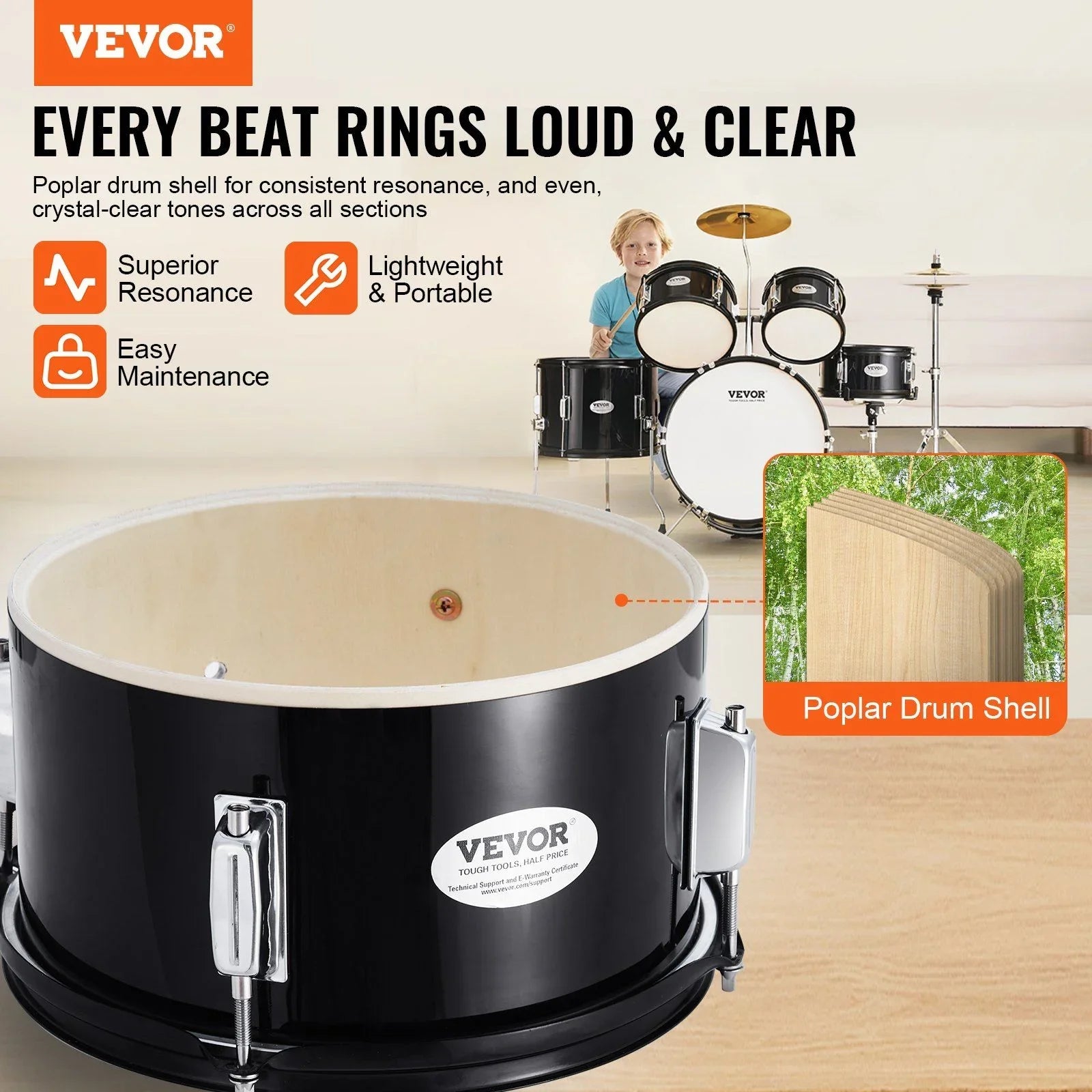 Kids Drum Set, 5-Piece, 406.4 mm Beginner Full Drum Set with Bass Toms Snare Floor Drum Adjustable Throne Cymbal Hi-Hat Pedal and Two Pairs of Drumsticks, Starter Drum Kit for Child Kids, Black