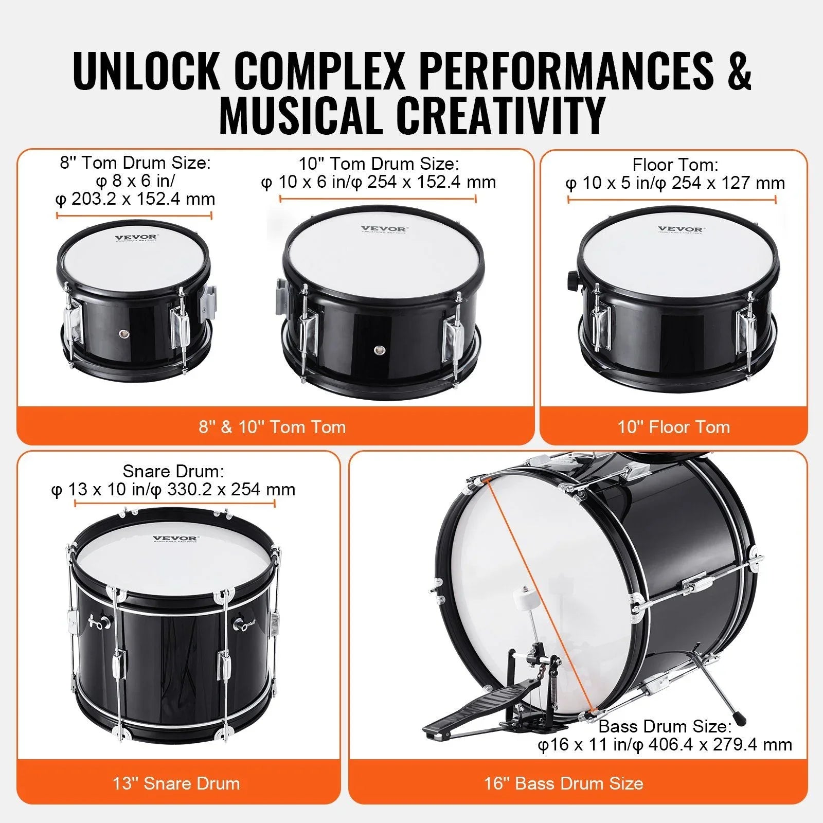 Kids Drum Set, 5-Piece, 406.4 mm Beginner Full Drum Set with Bass Toms Snare Floor Drum Adjustable Throne Cymbal Hi-Hat Pedal and Two Pairs of Drumsticks, Starter Drum Kit for Child Kids, Black