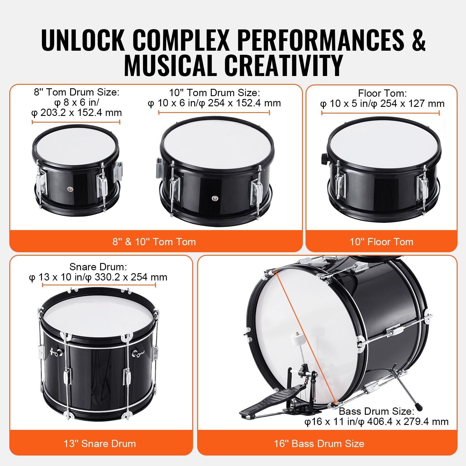 5-Piece Kids Drum Set 16in Bass Drum Adjustable Throne Cymbal Hi-Hat Black