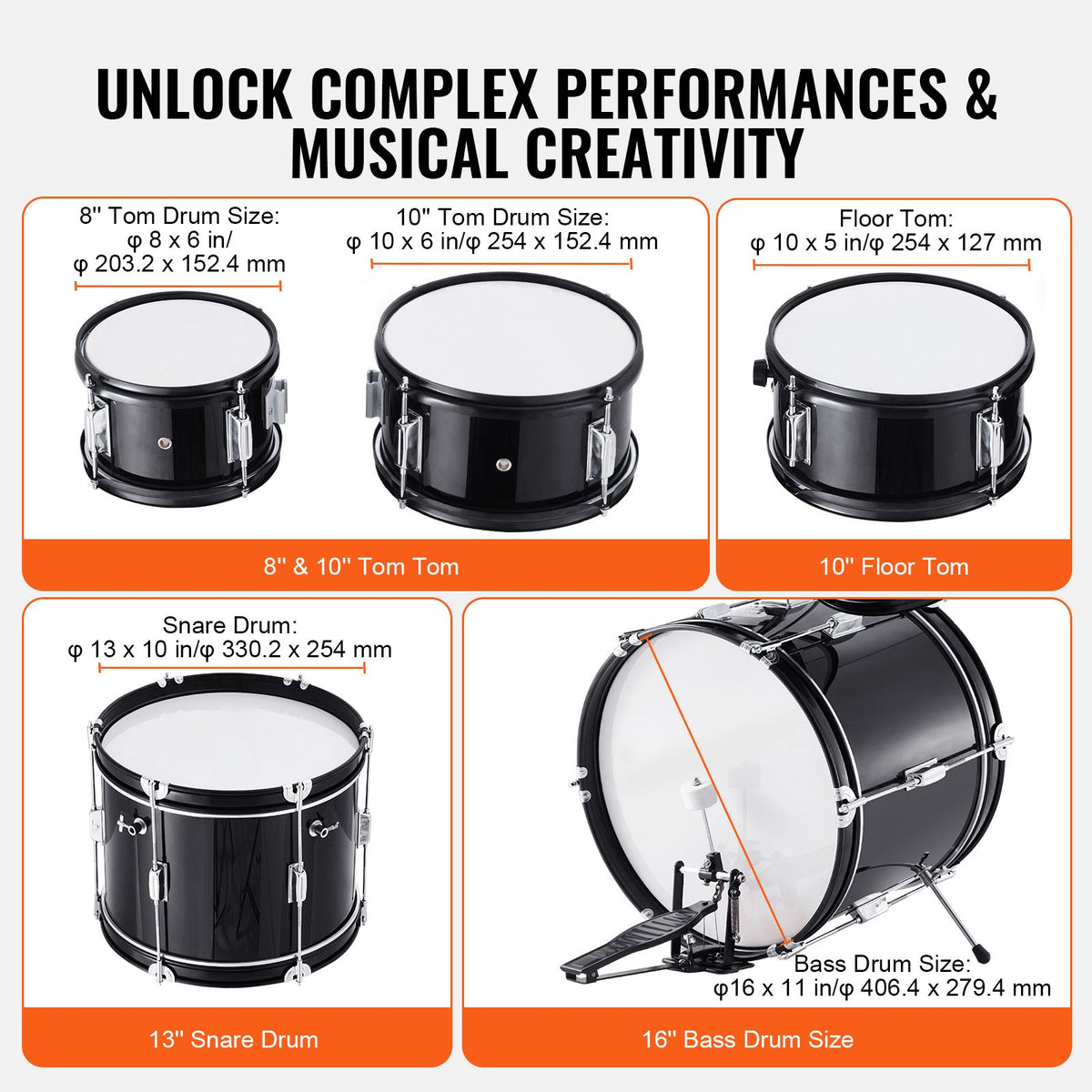 5-Piece Kids Drum Set 16in Bass Drum Adjustable Throne Cymbal Hi-Hat Black