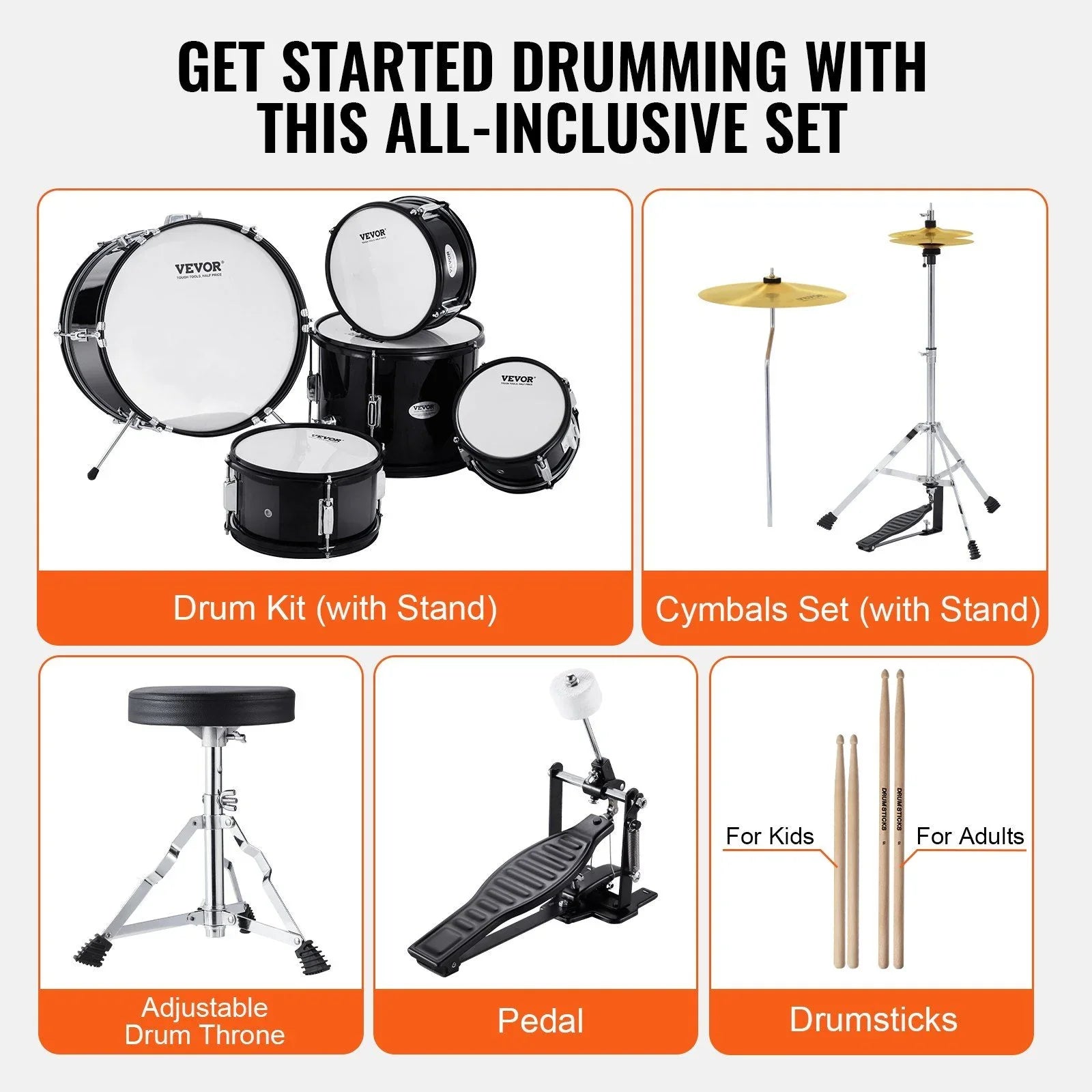 Kids Drum Set, 5-Piece, 406.4 mm Beginner Full Drum Set with Bass Toms Snare Floor Drum Adjustable Throne Cymbal Hi-Hat Pedal and Two Pairs of Drumsticks, Starter Drum Kit for Child Kids, Black