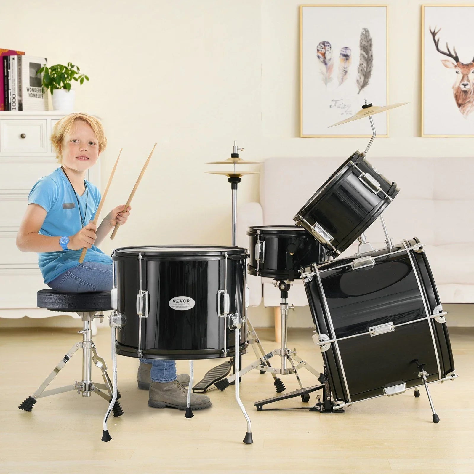 Kids Drum Set, 5-Piece, 406.4 mm Beginner Full Drum Set with Bass Toms Snare Floor Drum Adjustable Throne Cymbal Hi-Hat Pedal and Two Pairs of Drumsticks, Starter Drum Kit for Child Kids, Black