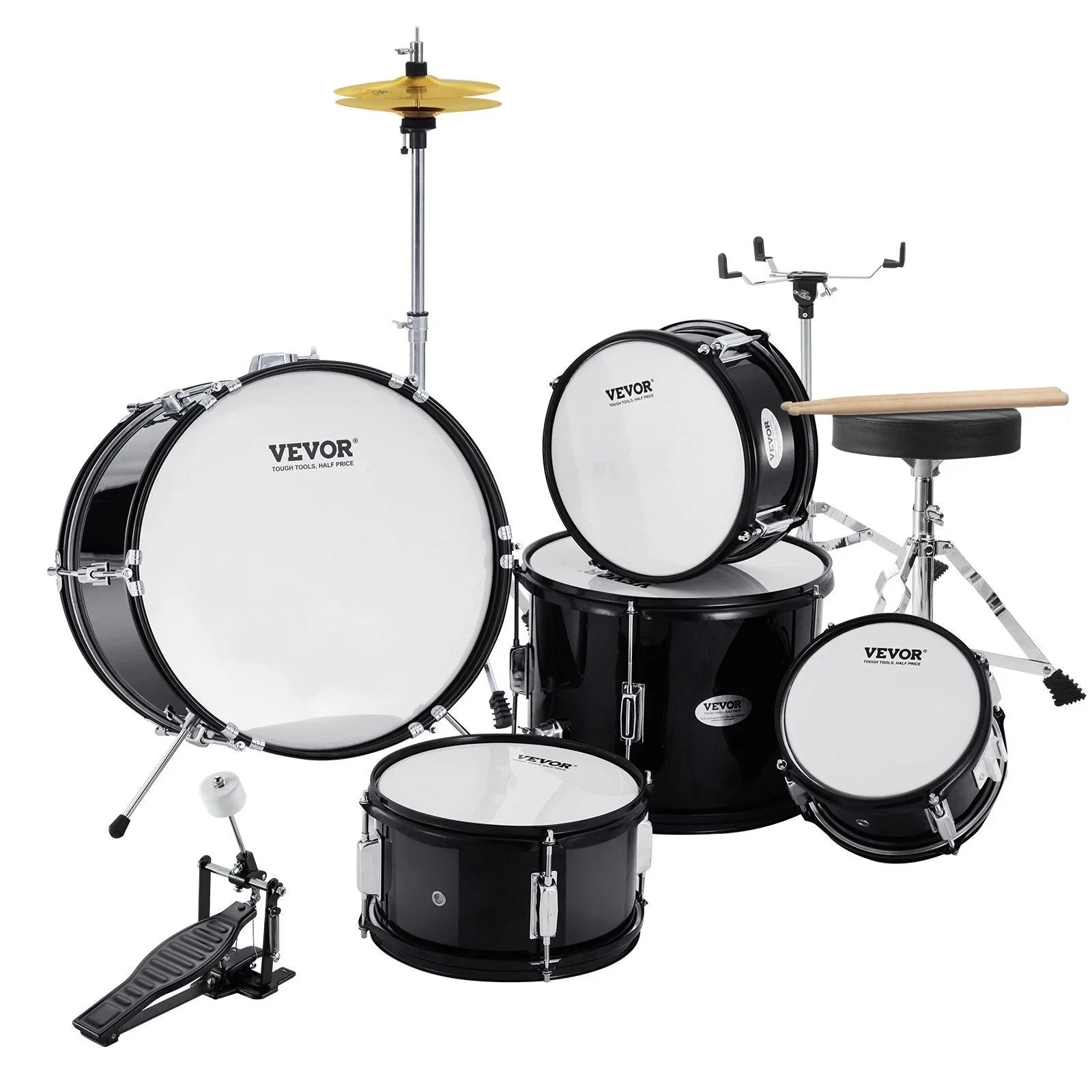 Kids Drum Set, 5-Piece, 406.4 mm Beginner Full Drum Set with Bass Toms Snare Floor Drum Adjustable Throne Cymbal Hi-Hat Pedal and Two Pairs of Drumsticks, Starter Drum Kit for Child Kids, Black