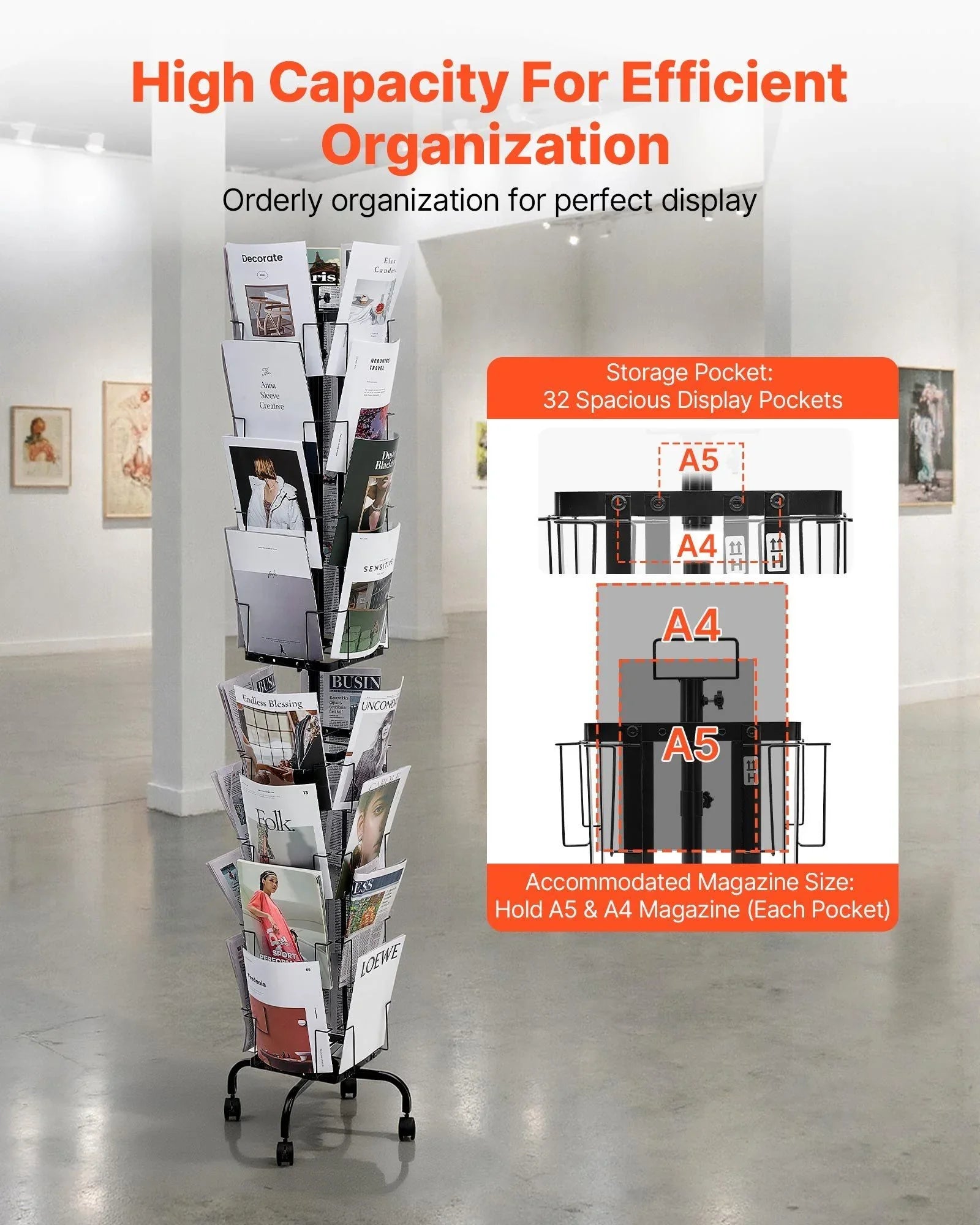 Greeting Cards Display Rack, 32 Pockets Rotating Postcard Brochure Display Stand, 360° Spinning Card Display Rack with Sign Holder & 4 Wheels (2 Lockable) for Exhibitions Office Trade Show