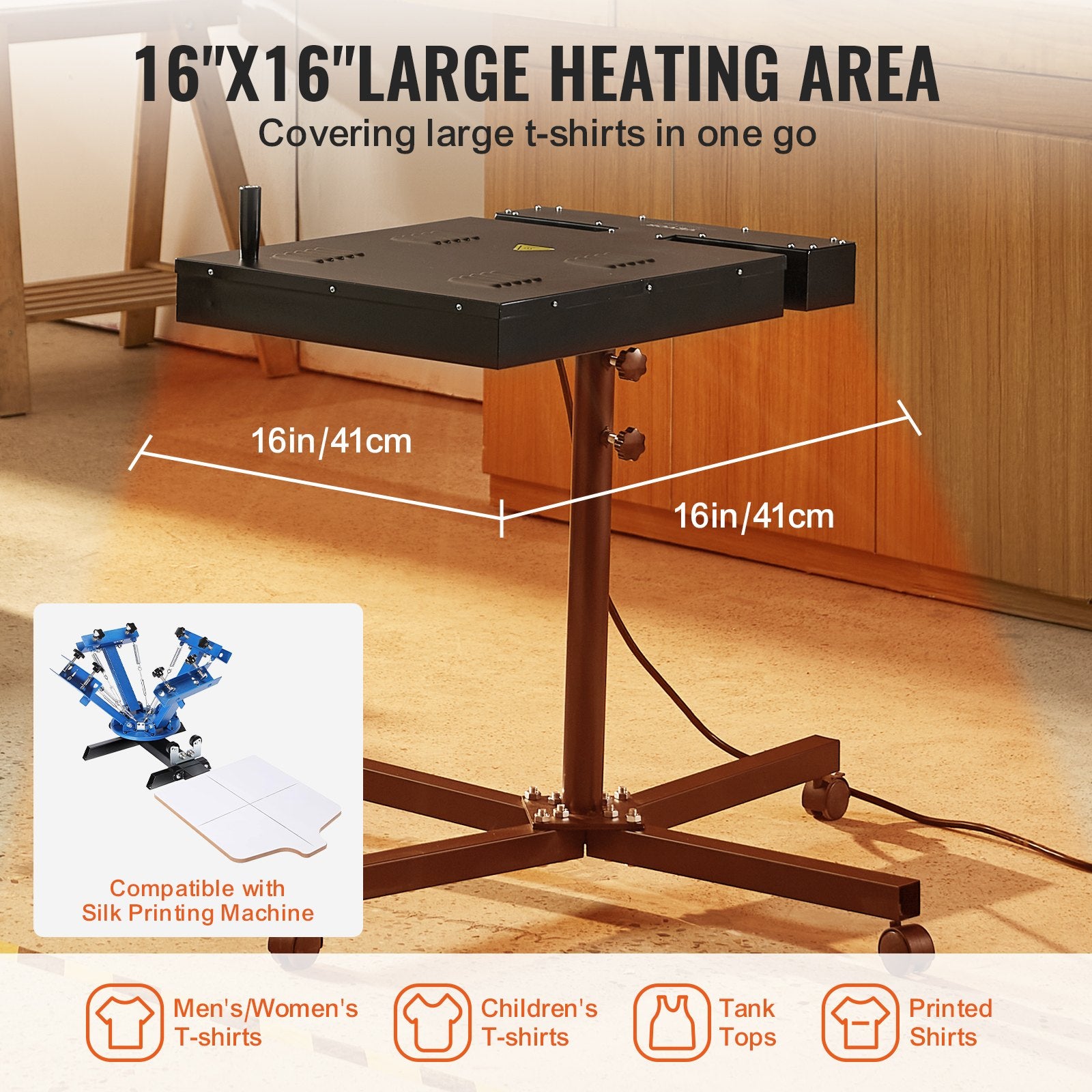 Flash Dryer, 16 x 16 inch Flash Dryer for Screen Printing, 0-750℉ Temperature Control, High Power Silk Screen Printing Dryer with Height Adjustable Stand, 360° Rotation, T-Shirt Curing Machine