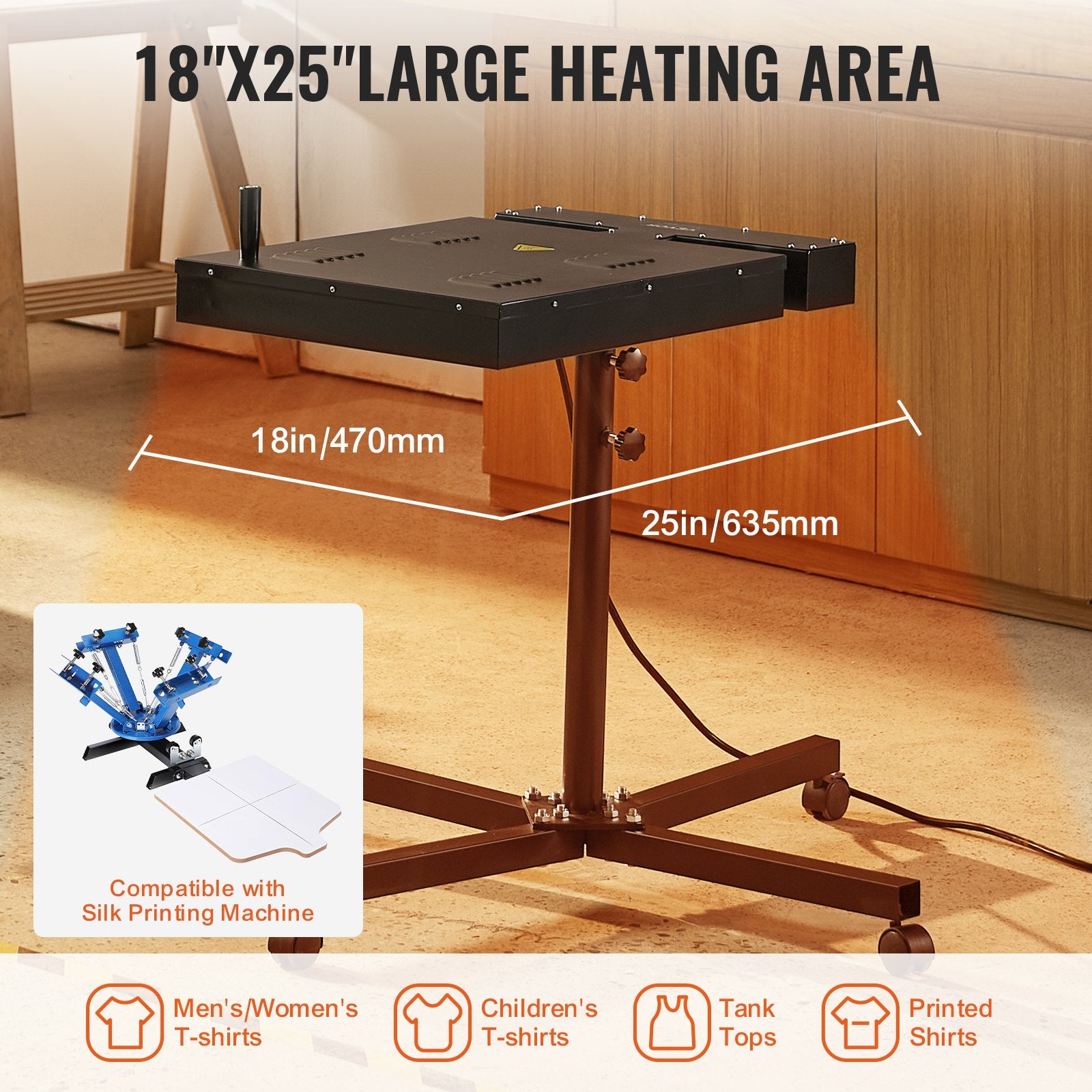 Flash Dryer, 18 x 25 inch Flash Dryer for Screen Printing, 0-750℉ Temperature Control, High Power Silk Screen Printing Dryer with Height Adjustable Stand, 360° Rotation, T-Shirt Curing Machine