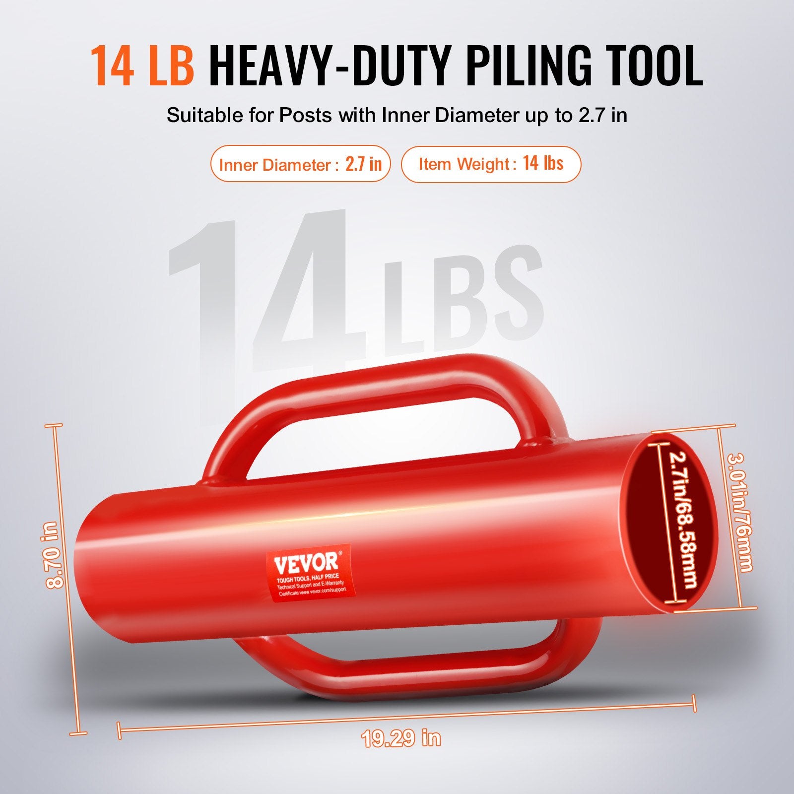 Fence Post Driver with Handles, 2.7 in Inner Diameter T Post Pole Pounder, 14LB Heavy Duty Carbon Steel Hand Post Rammer, Farm Fencing Hole Digger for U Channel, Sign Pole, Wooden Post, Red