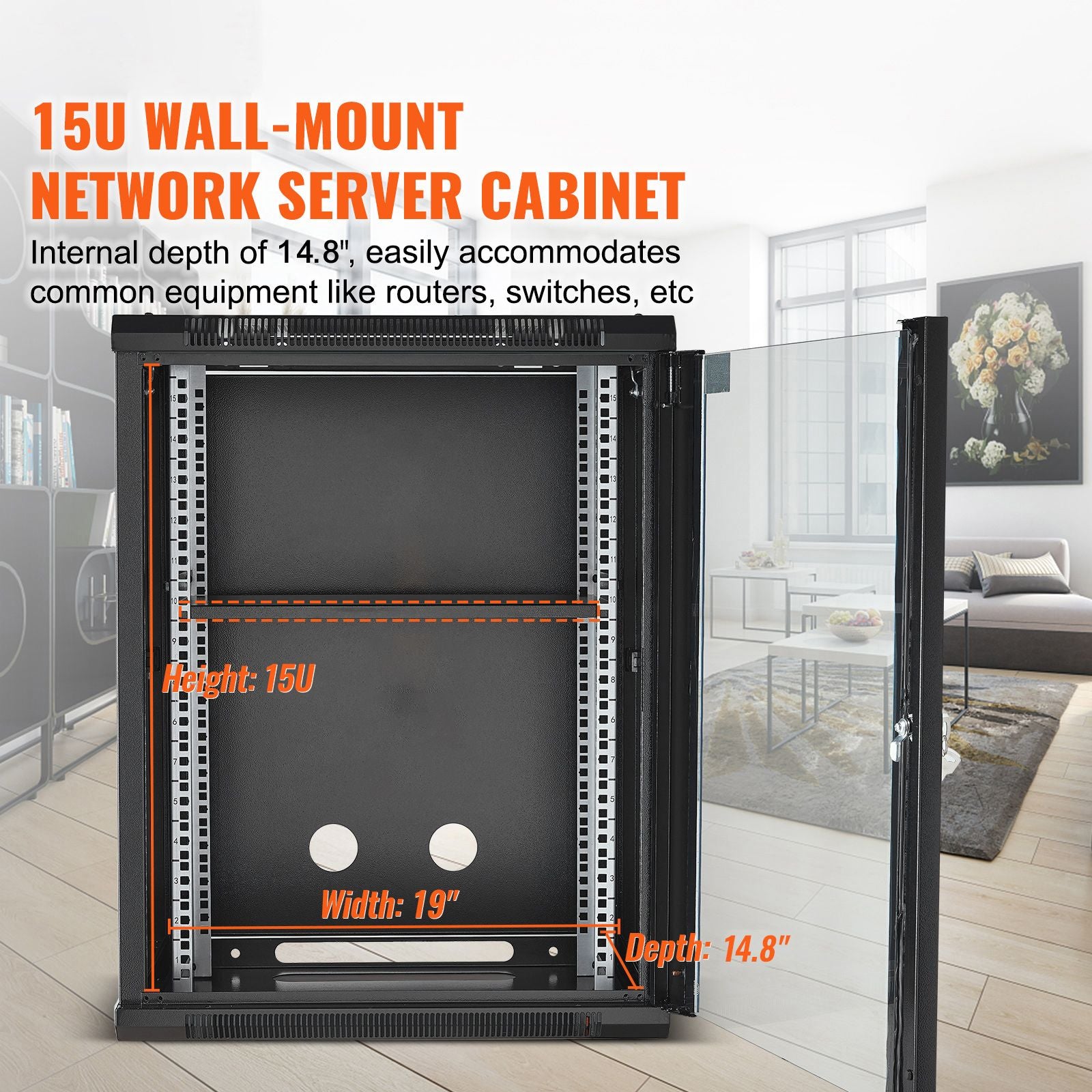 15U Wall Mount Network Cabinet, 226.8 kg Max. Ground Load Capacity, Server Rack Cabinet Enclosure with Locking Tempered Glass Door, Side Panels, Q235 Carbon Steel, for IT Equipment, A/V Devices