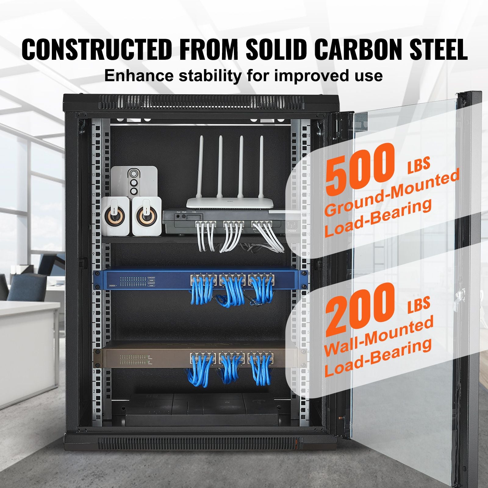 15U Wall Mount Network Cabinet, 226.8 kg Max. Ground Load Capacity, Server Rack Cabinet Enclosure with Locking Tempered Glass Door, Side Panels, Q235 Carbon Steel, for IT Equipment, A/V Devices