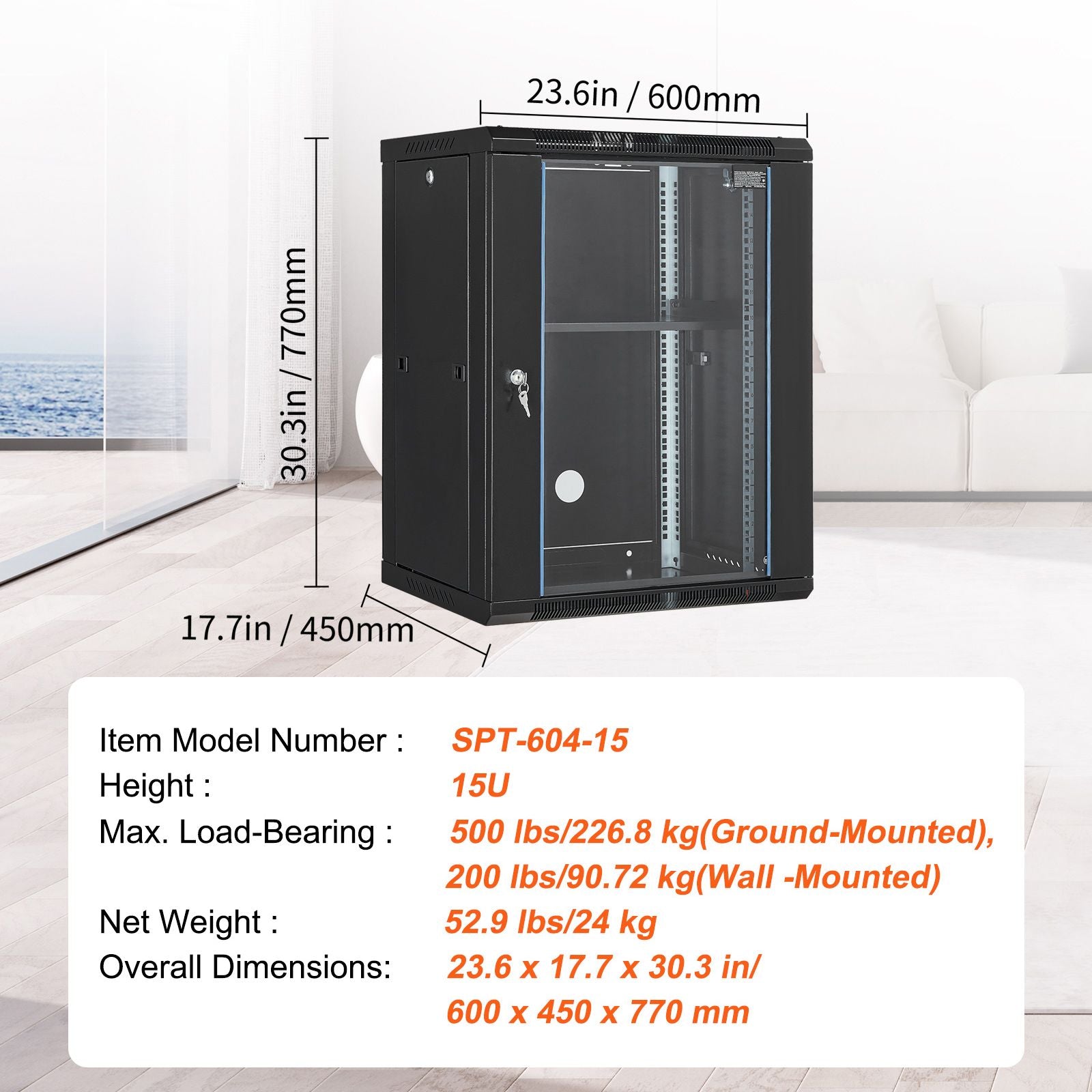 15U Wall Mount Network Cabinet, 226.8 kg Max. Ground Load Capacity, Server Rack Cabinet Enclosure with Locking Tempered Glass Door, Side Panels, Q235 Carbon Steel, for IT Equipment, A/V Devices