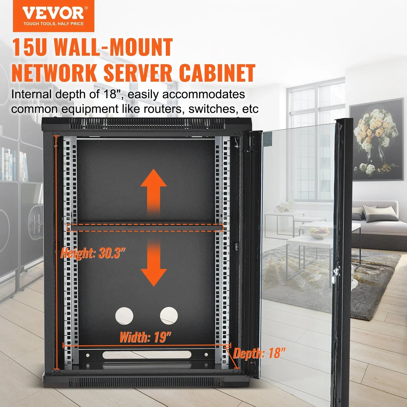 15U Wall Mount Network Cabinet, 226.8 kg Max. Ground Load Capacity, Server Rack Cabinet Enclosure with Locking Tempered Glass Door, Side Panels, Q235 Carbon Steel, for IT Equipment, A/V Devices